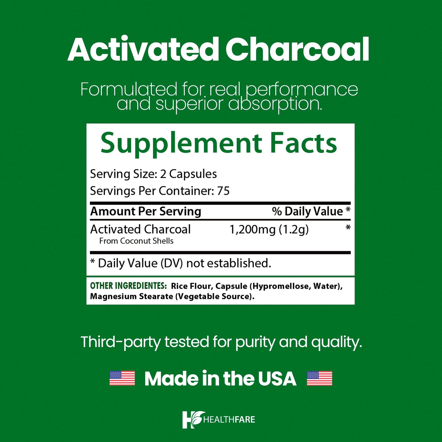 Healthfare Activated Charcoal Capsules 1200mg, 150 Capsules