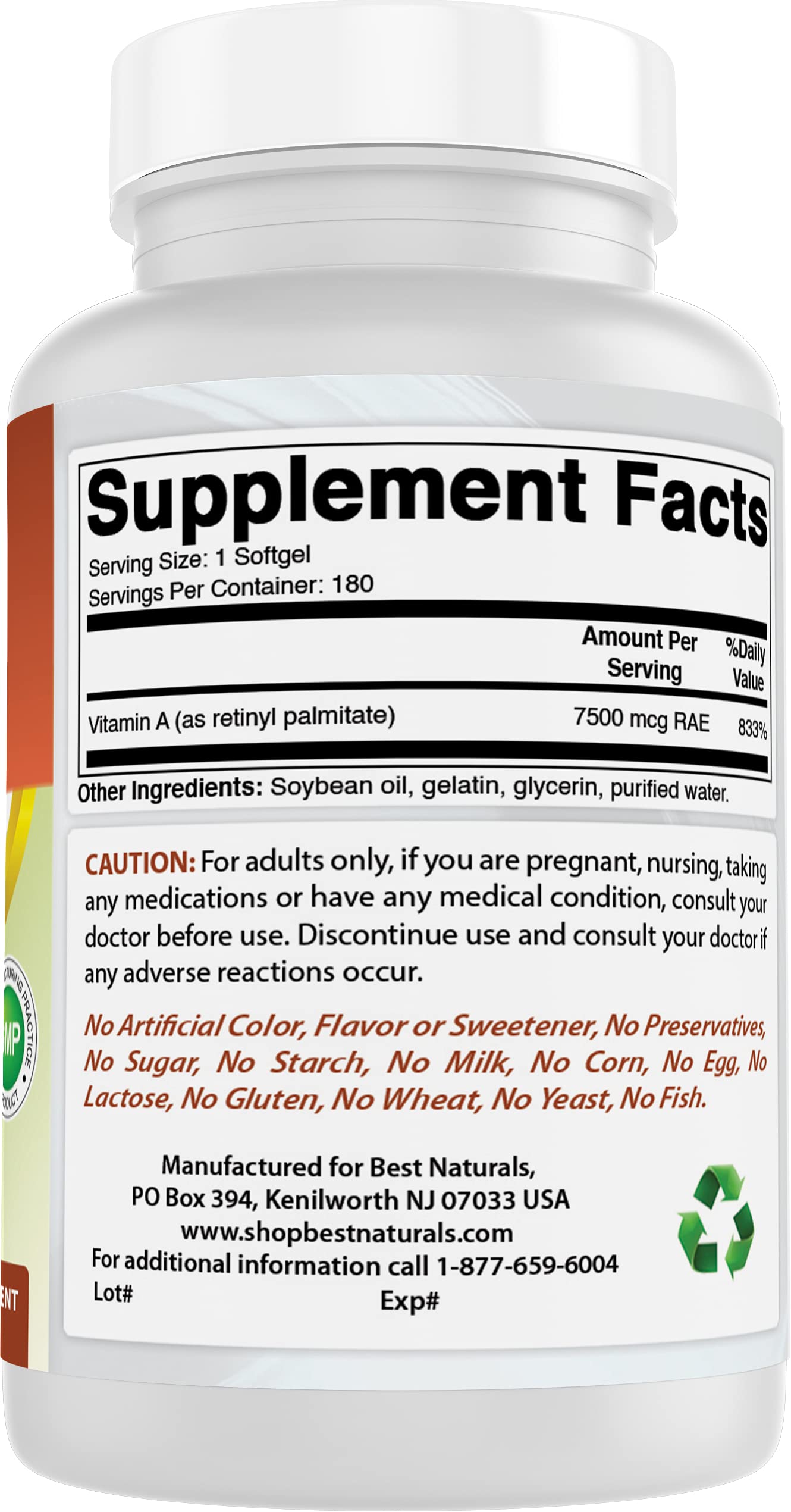 Best Naturals Vitamin A 25000 IU (7500 mcg) Softgels 180
