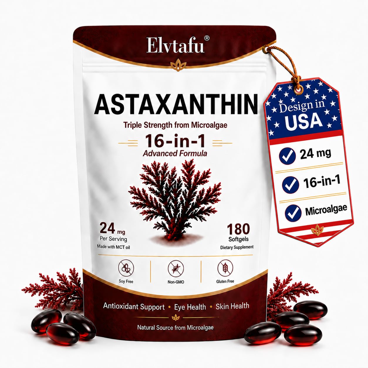 Elvtafu Astaxanthin 24mg Softgel with Zeaxanthin & Lutein, 16-in-1 Antioxidant Complex, 180 Count