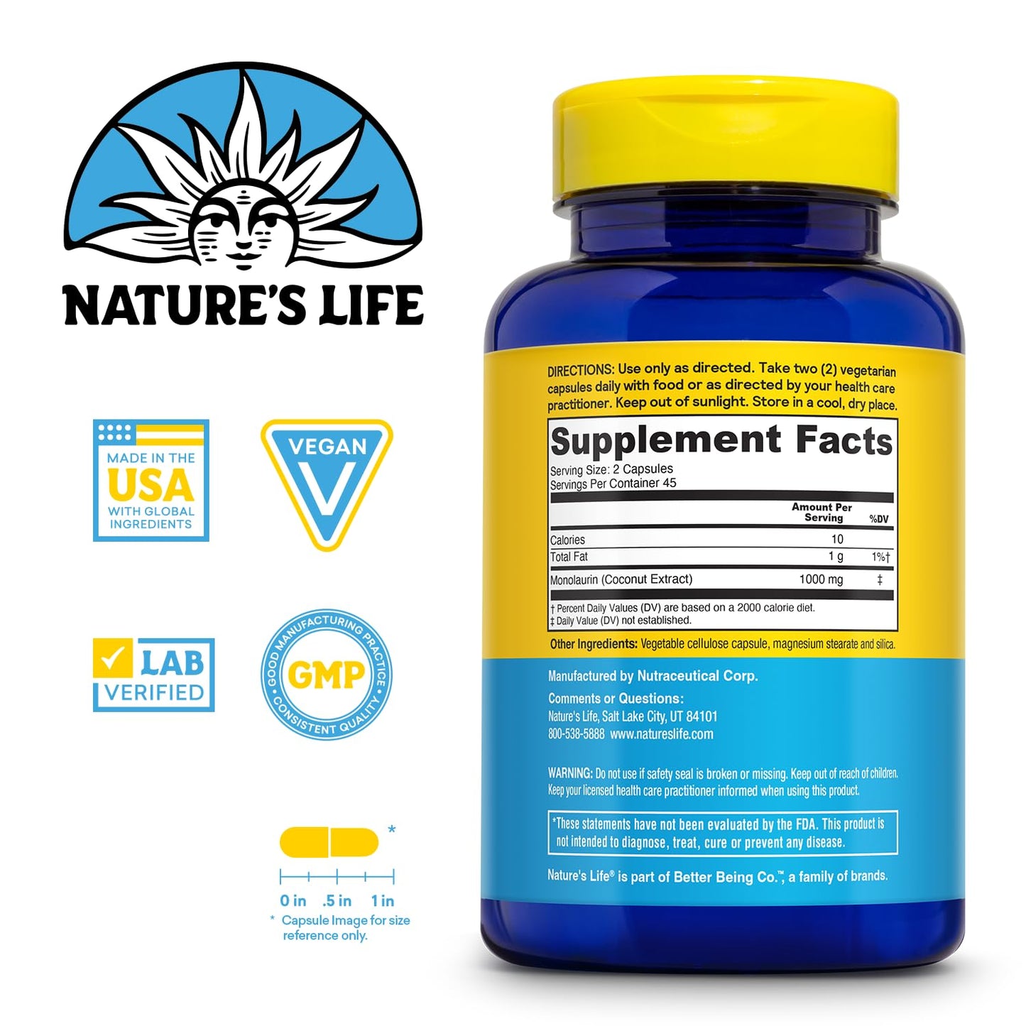 Nature's Life Monolaurin 1000 mg Vegetarian Capsules, 90 Count