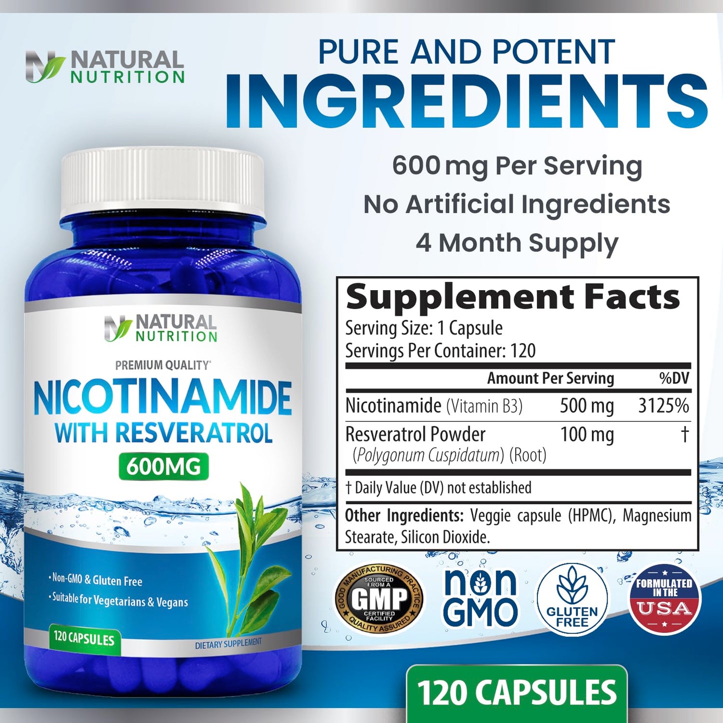 Generic Natural Vitamin Nicotinamide with Resveratrol 600mg (Vitamin B-3) 120 Veggie Capsules