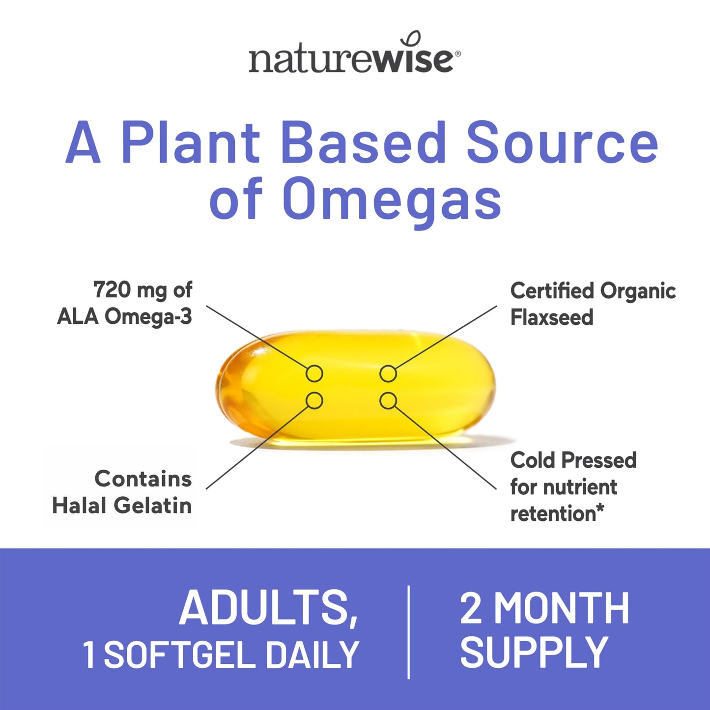 NatureWise Flaxseed Oil 1200 mg, Fish Free Omega-3-6-9 with 720 mg ALA Softgels, 60 Count