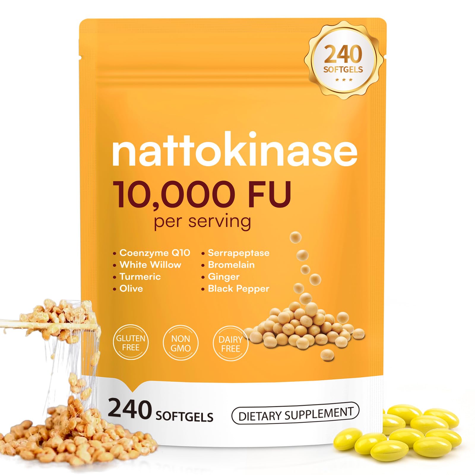 FANGCUN Nattokinase 8 in 1 Softgels, 240 Count, 500mg (10,000 FU) Per Serving