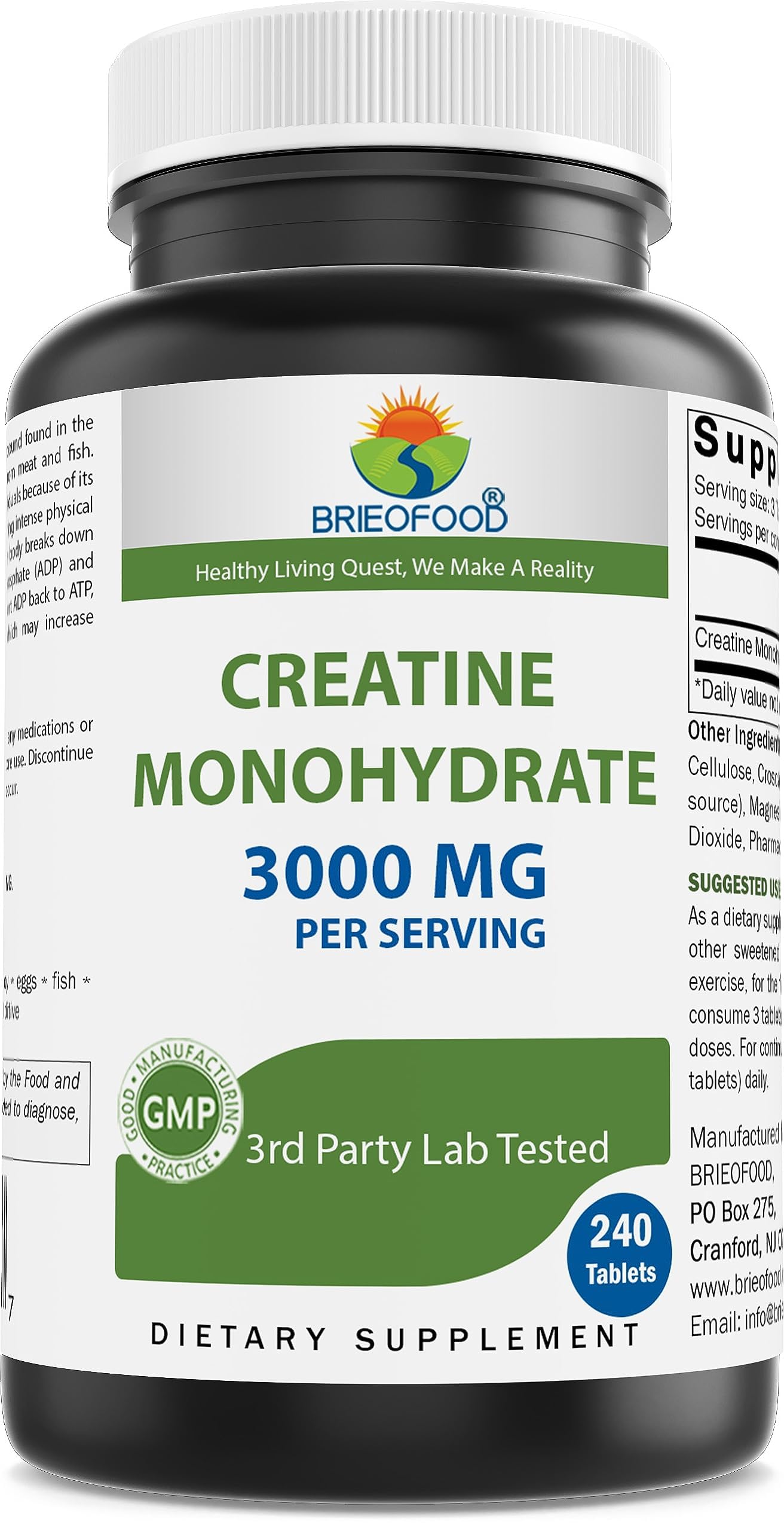 Brieofood Creatine Tablets 3000 mg per Serving, 240 Count