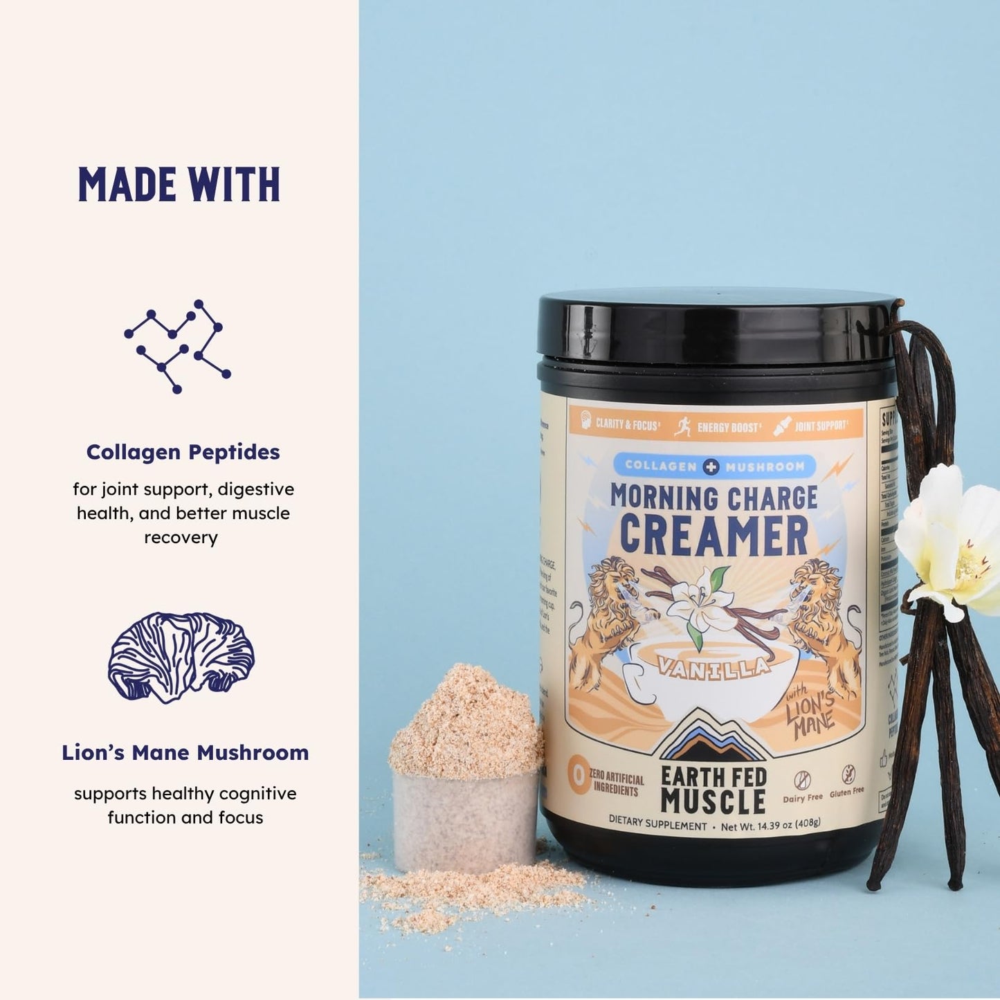 Earth Fed Muscle Vanilla Protein Coffee Creamer Powder 14.39 oz