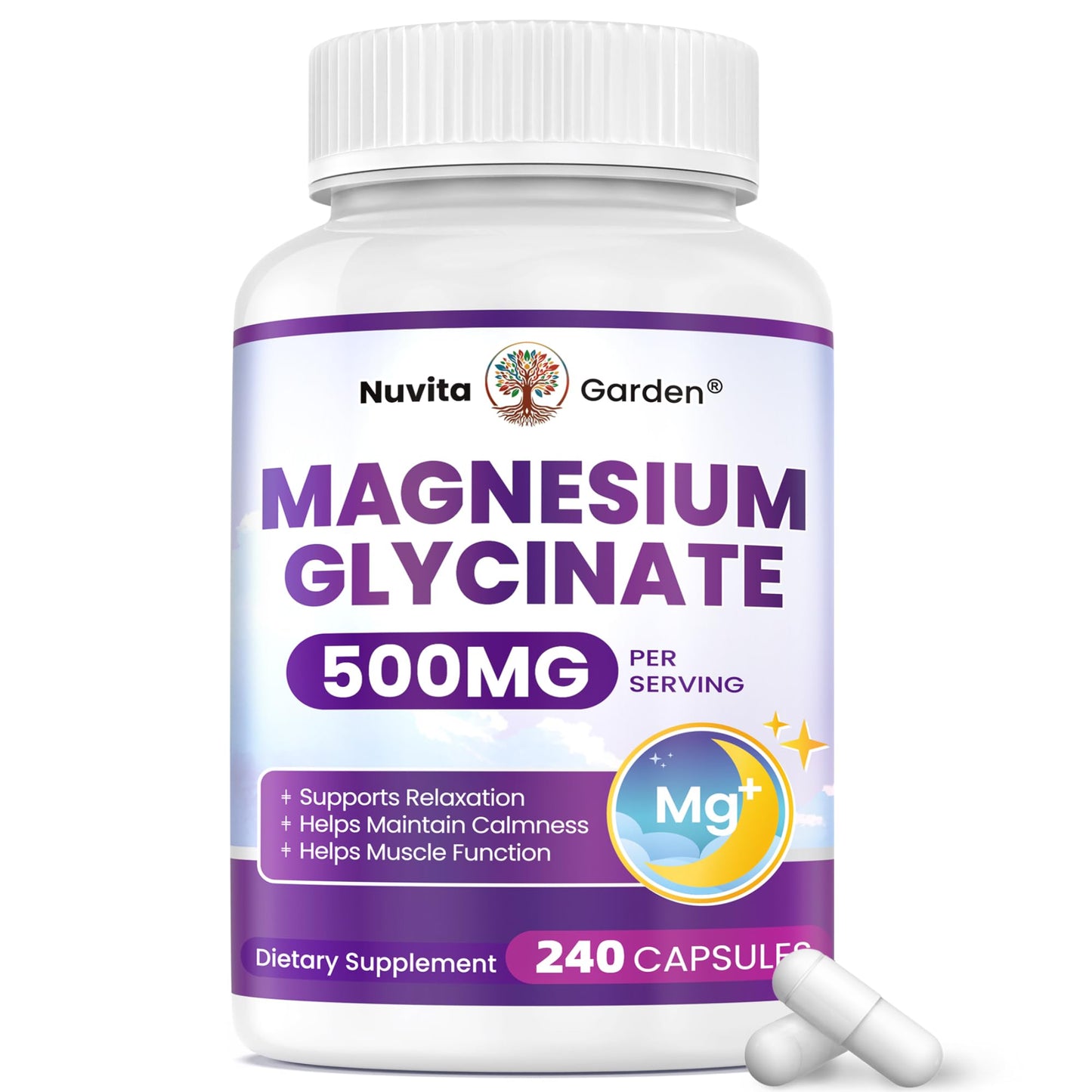 NuvitaGarden Magnesium Glycinate 500mg Capsules 240-Count