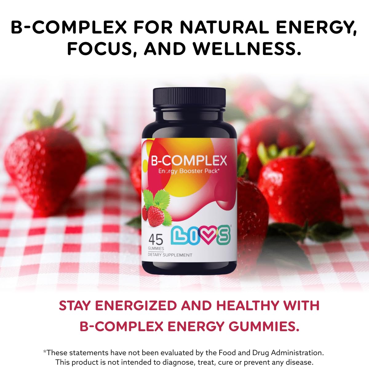 LIVS Vitamin B Complex Gummies with B12, Biotin, B3, B6 & Vitamin C, 45 Ct