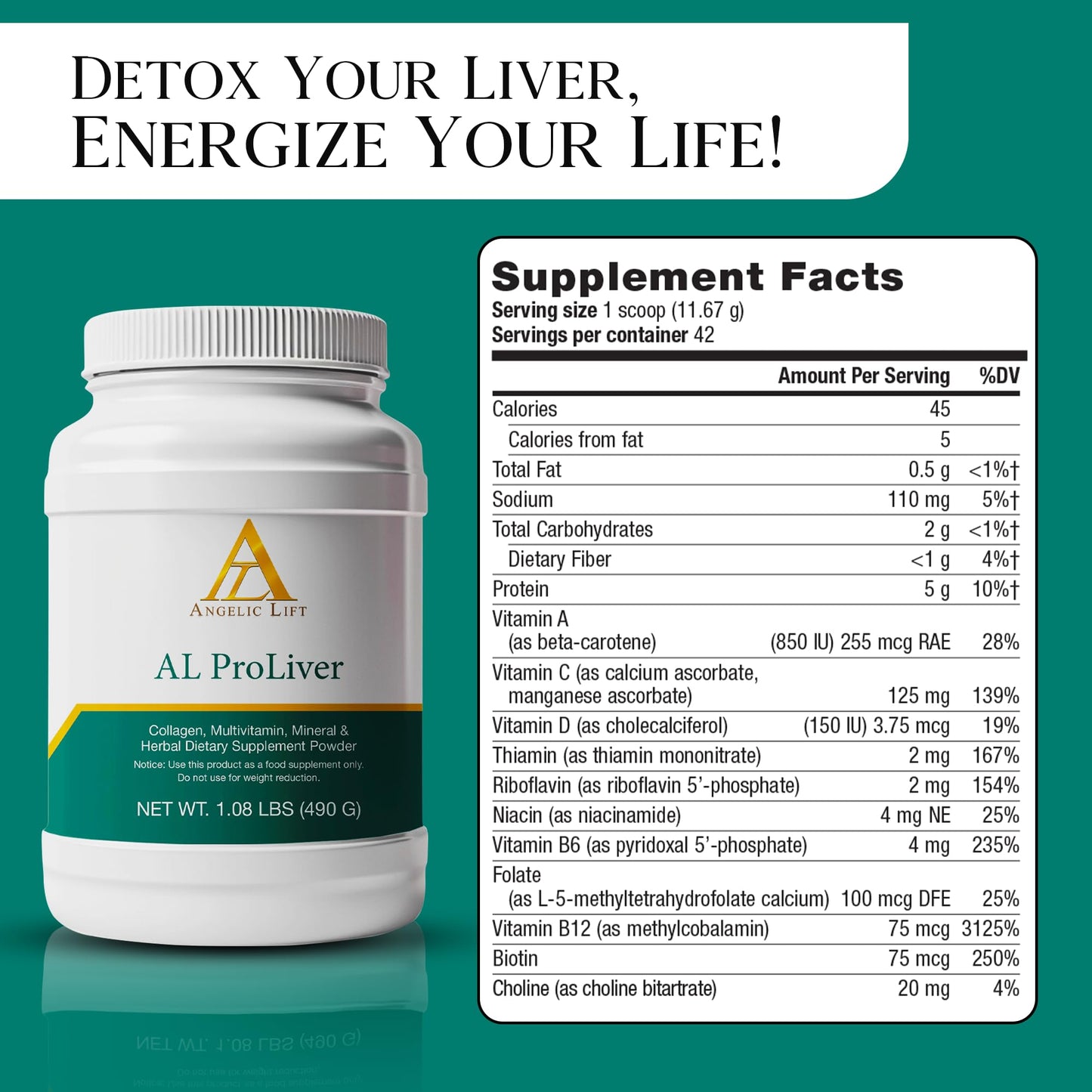 ANGELIC LIFT AL ProLiver Liver Detox & Cleanse Supplement with Collagen, Multivitamins, Minerals & Herbal Blend Powder, 17.28 oz