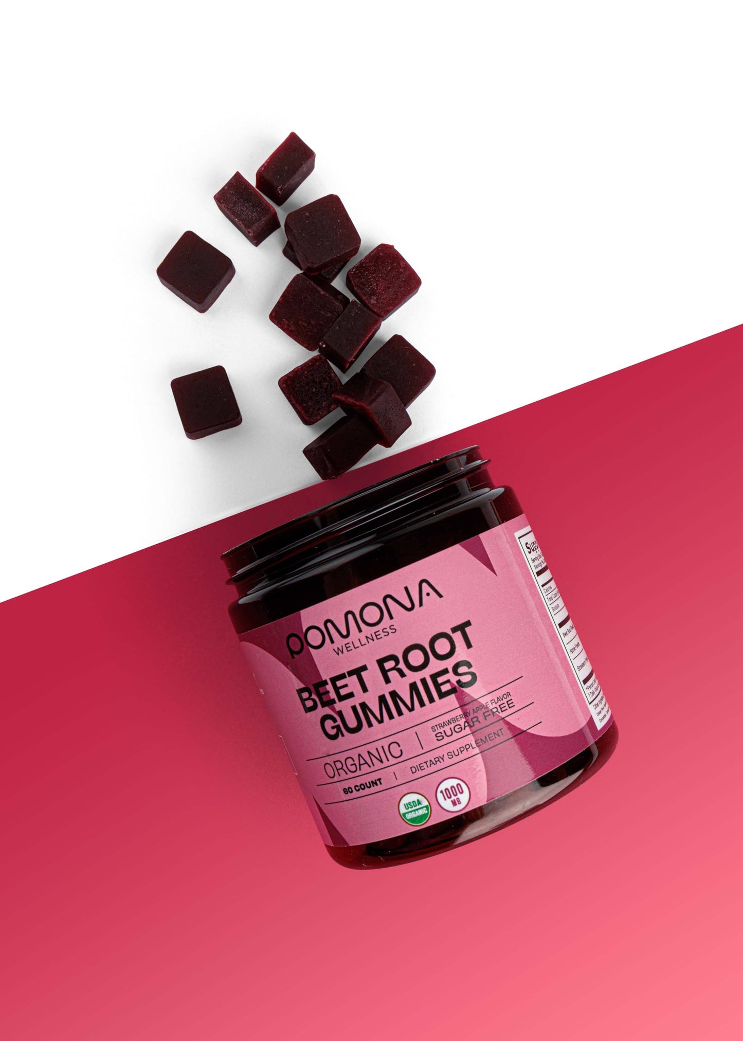 Pomona Wellness Beetroot Powder Gummies 1000mg, Sugar Free Nitric Oxide Supplement, Natural Strawberry and Apple Flavor, Vegan, 60 Count