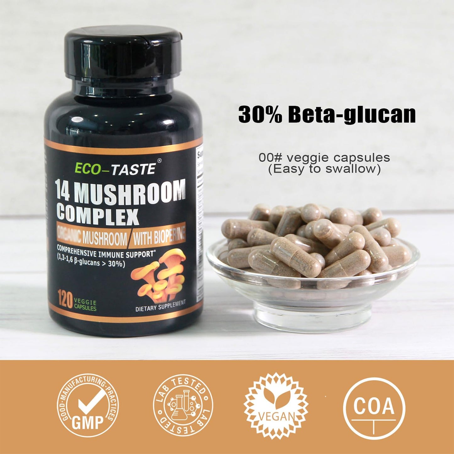 ECO-TASTE 14 Mushrooms Supplement Capsules 120 Count