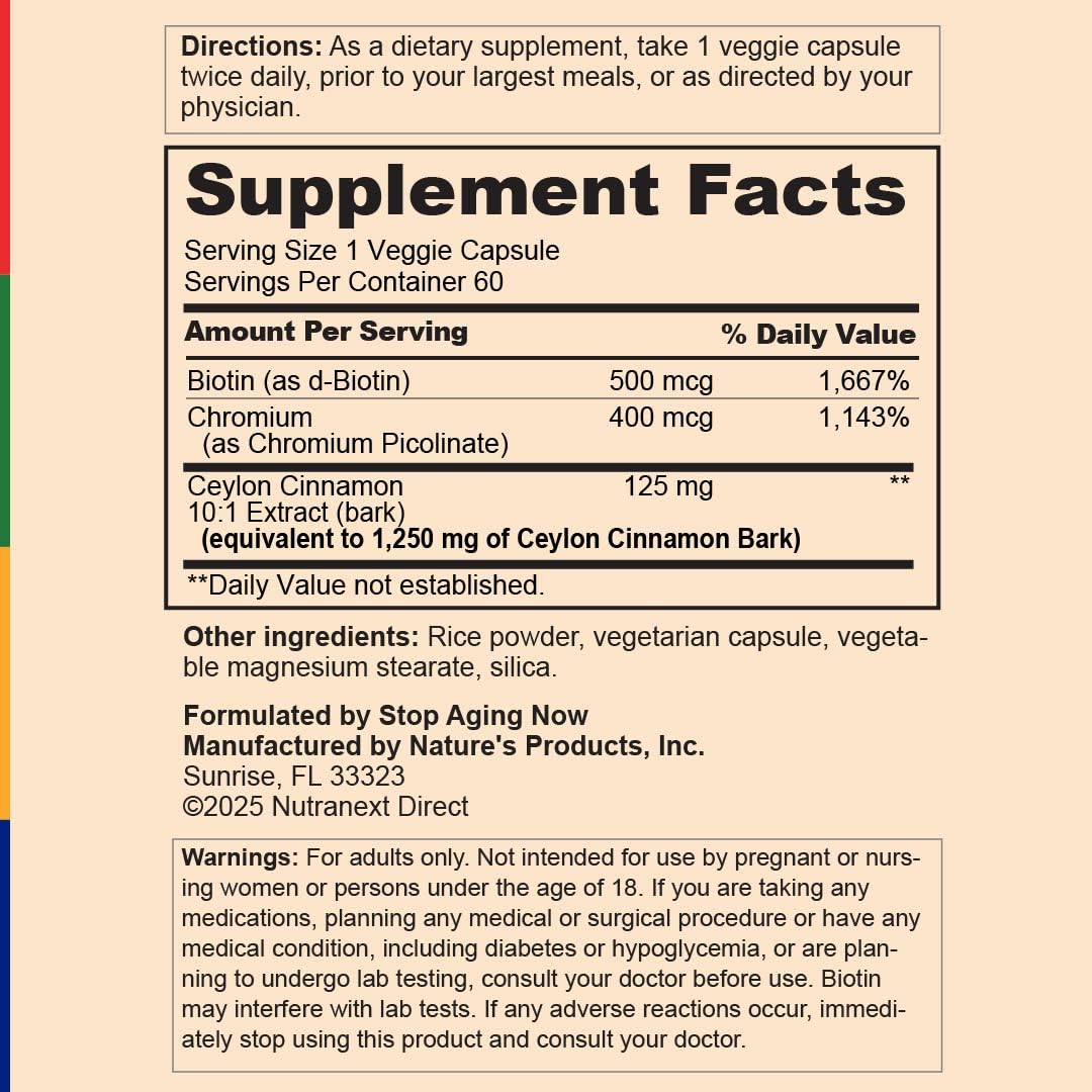 Stop Aging Now Ceylon Cinnamon Supplement with Chromium Capsule, 60 Count