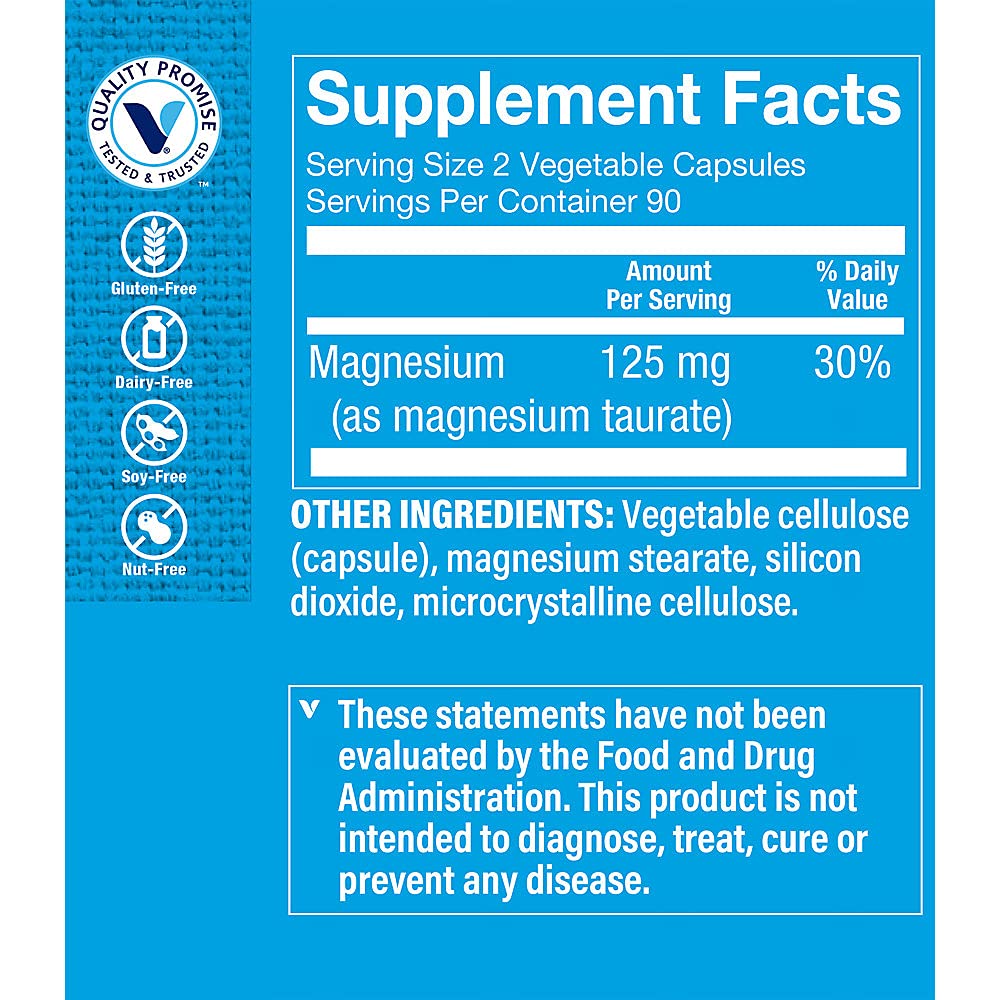 The Vitamin Shoppe Magnesium Taurate 125mg Vegetarian Capsules, 180 Count