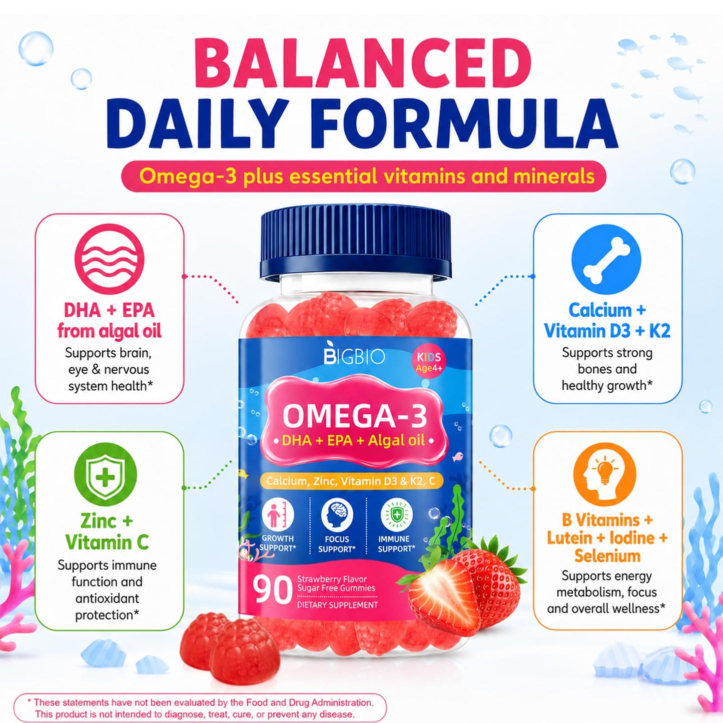 BIGBIO Omega 3 (EPA/DHA) Filled Gummies for Kids 90 Count
