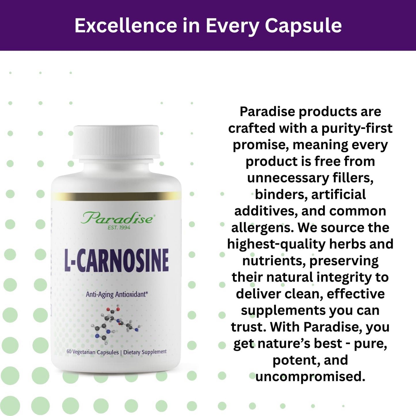 Paradise Herbs L-Carnosine, Super Potent, Ultra Pure, Antioxidant, Vegan, Non GMO, Gluten Free, 60 Capsules
