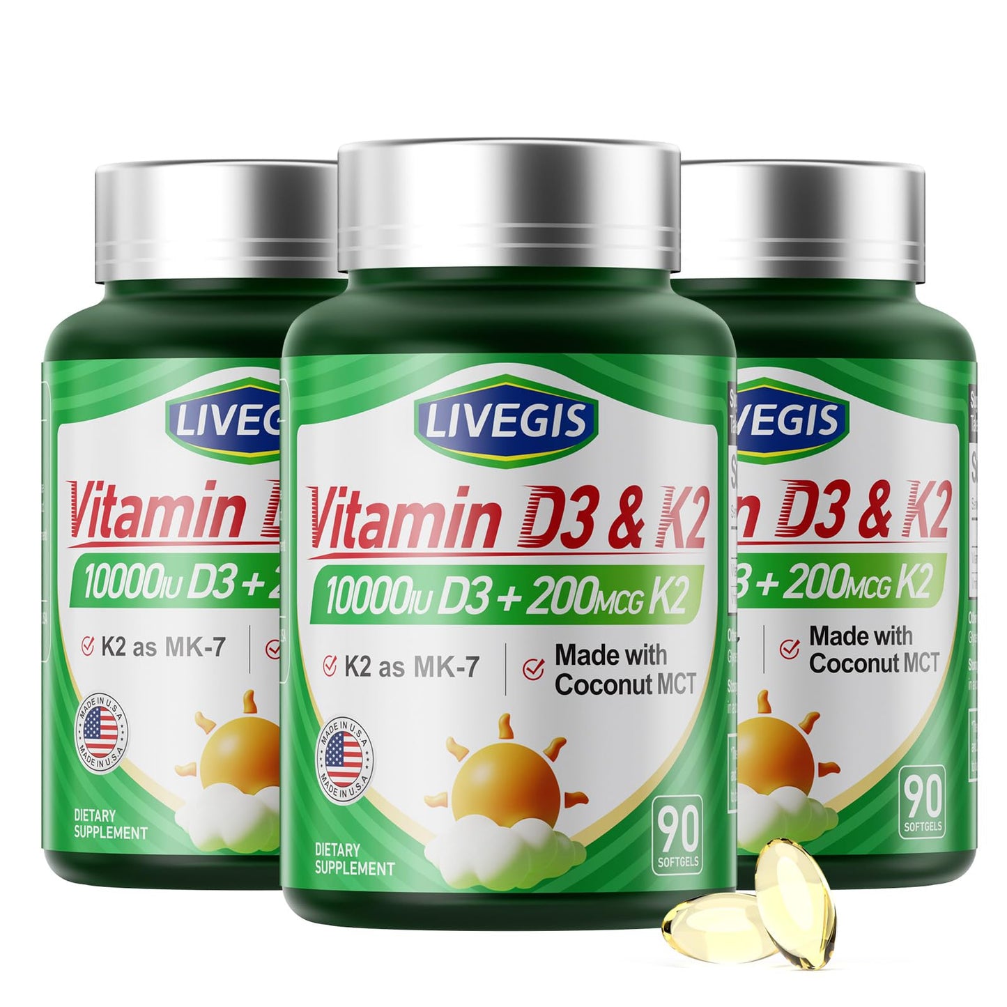 LIVEGIS Vitamin D3 10000 IU with K2 (MK-7) 200 mcg Softgels, 270 Count