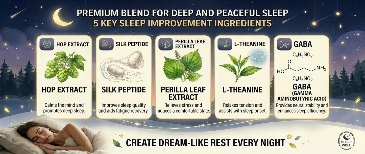 Hanbiogen SleepRest+ Night Melatonin-Free Sleep Supplement with Naturally Derived Hop Extract, Silk Peptide, Perilla Leaf Extract, L-Theanine & GABA - Fast-Acting, Non-Habit-Forming Formula, 60 Tablets