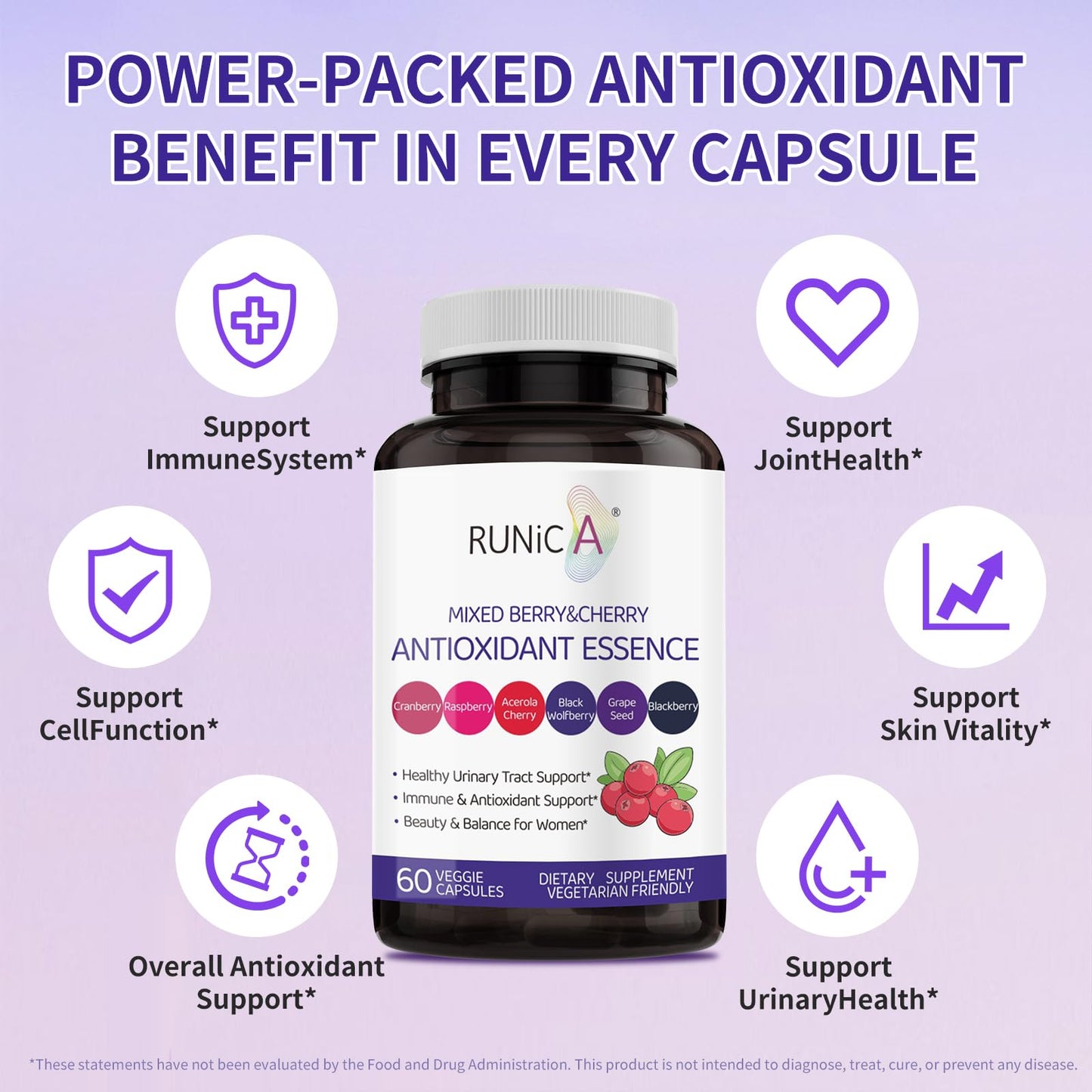 RUNICA 6-in-1 Mixed Berry & Cherry Antioxidant Supplement Capsules 120