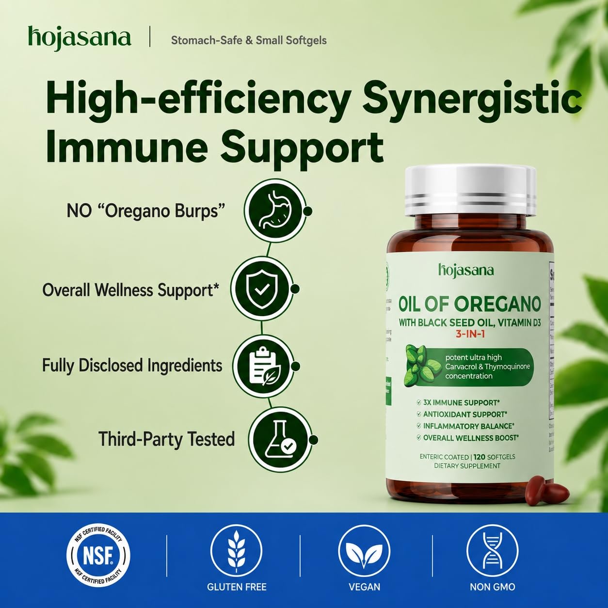 HojaSana Oil of Oregano with Black Seed Oil & Vitamin D3 3-in-1 Immune & Digestive Support Softgels 120