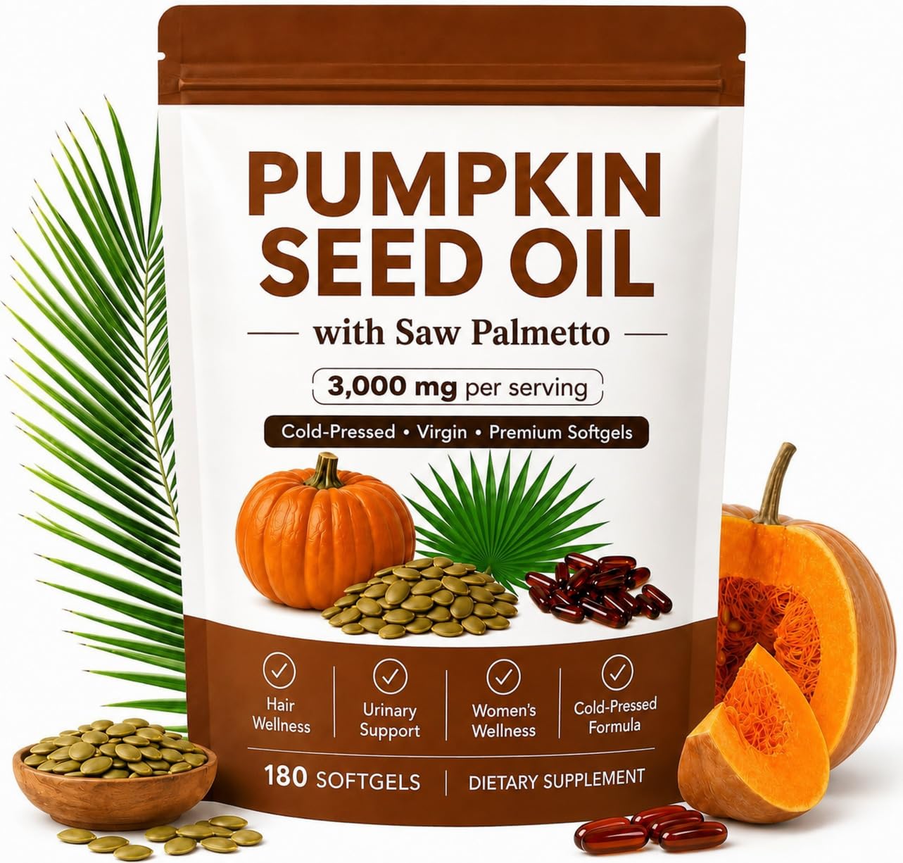 TkPDN Pumpkin Seed Oil with Saw Palmetto 3000mg Capsules, 180 Capsules
