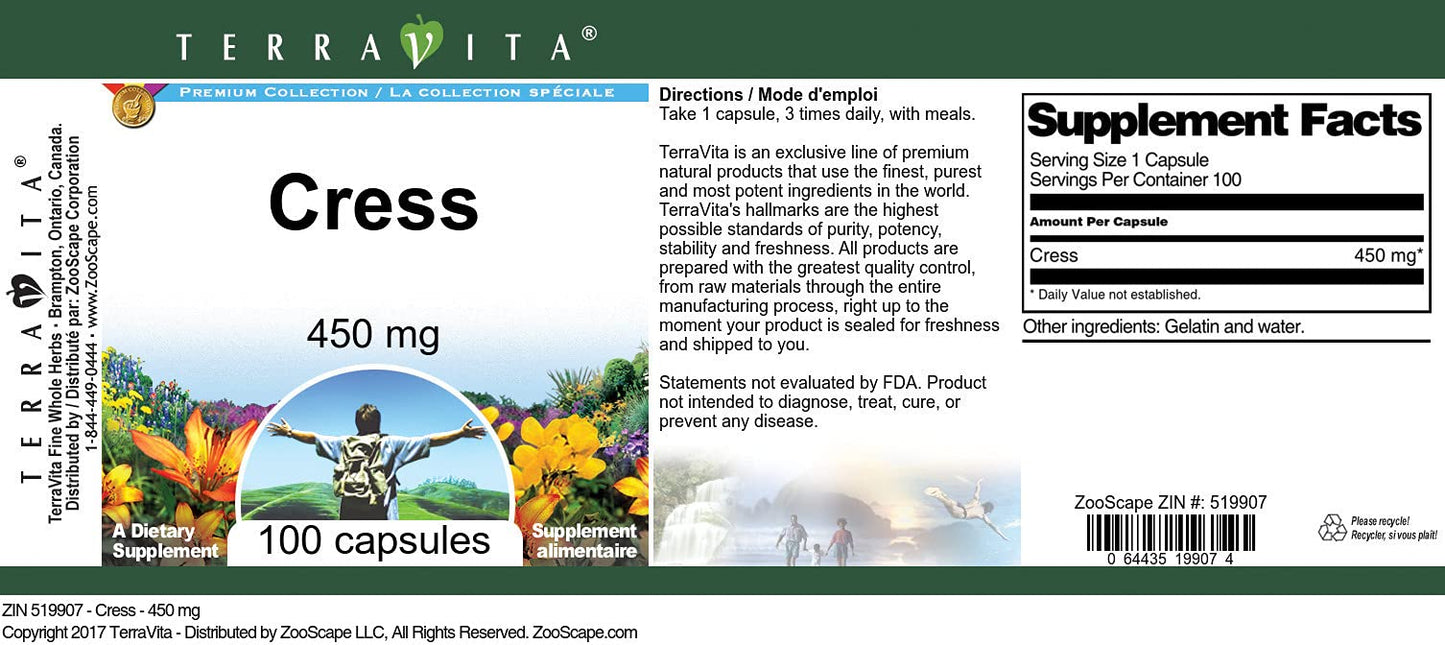 Terravita Cress 450 mg Capsules, 100 Count