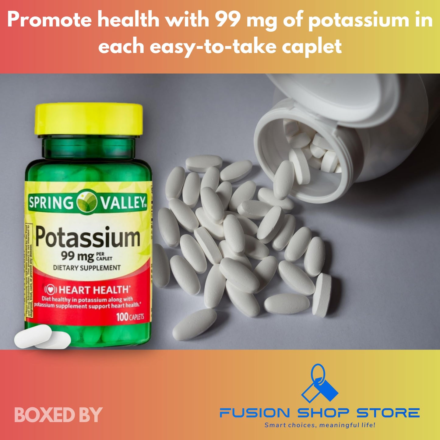 Fusion Shop Store Potassium 99mg Caplets, 100 Count