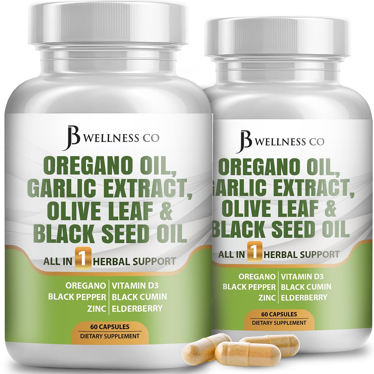 JB Wellness Co Oregano Oil, Garlic Extract, Olive Leaf, with Astragalus Immune Support & Digestive Health Supplement Capsules, 120 Count