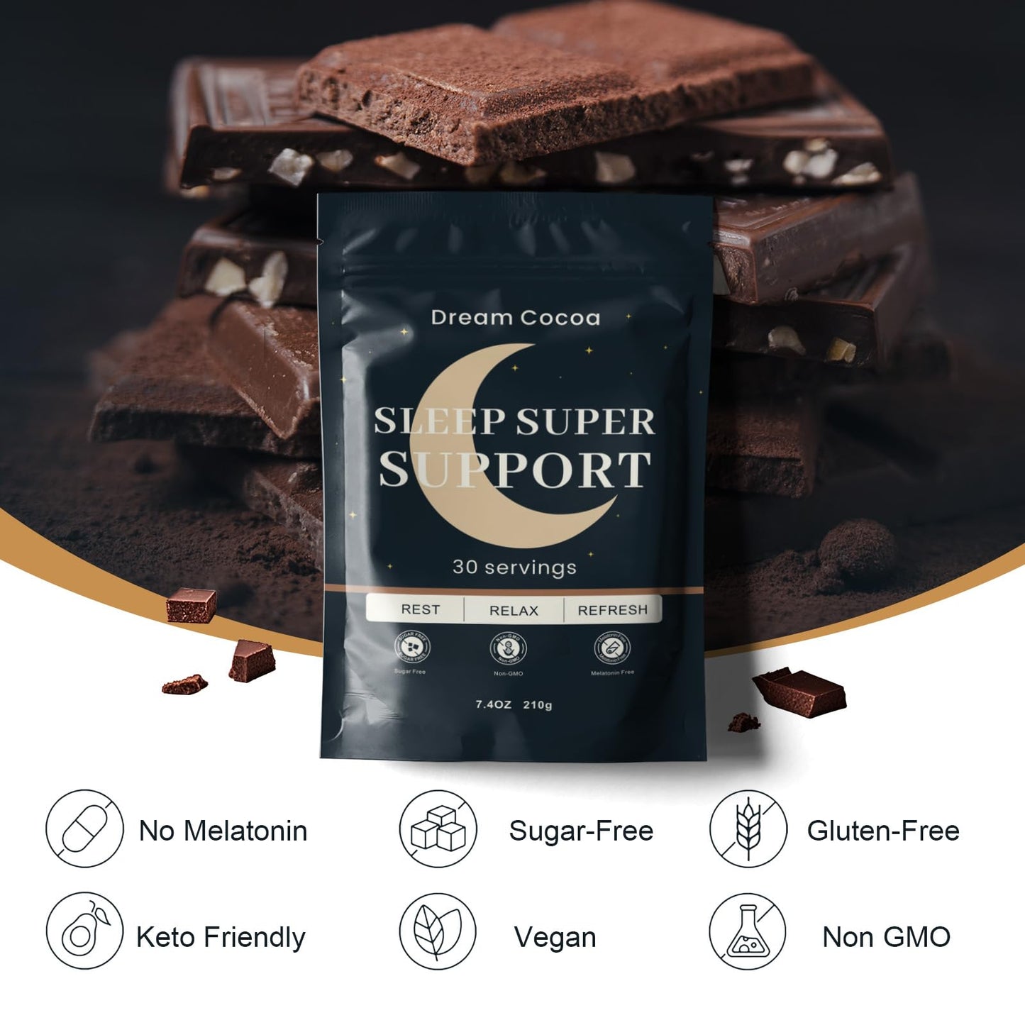 Dream Cocoa Magnesium Hot Cocoa Powder, 7.4 oz, Melatonin-Free Sleep Support with Reishi Mushroom, L-Theanine & Zinc Glycinate