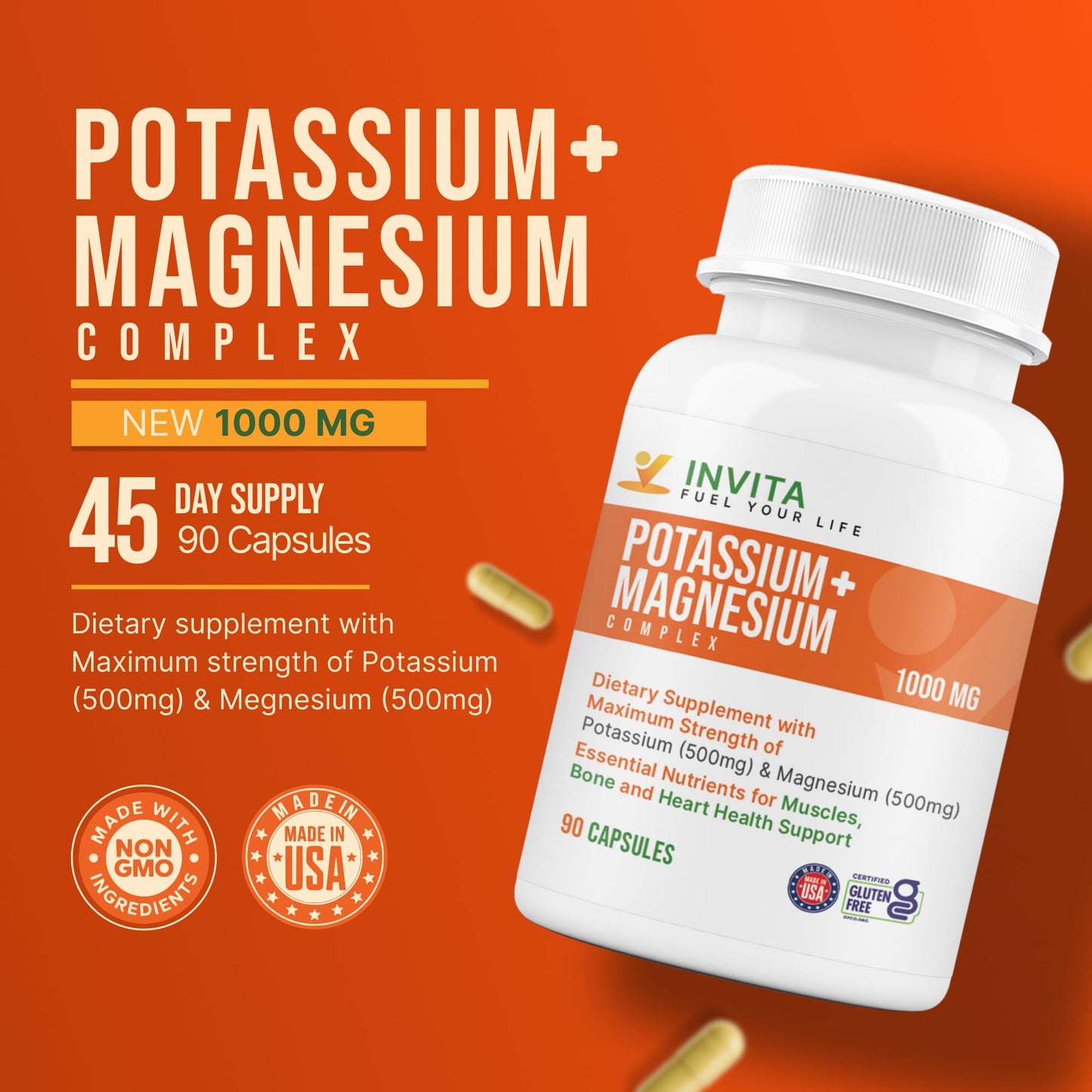 INVITA Potassium Magnesium Complex 1000 mg High Absorption Magnesium & Potassium Supplement for Leg & Muscle Recovery, 5 Form of Mag for Sleep & Vascular Support, 180 Capsules