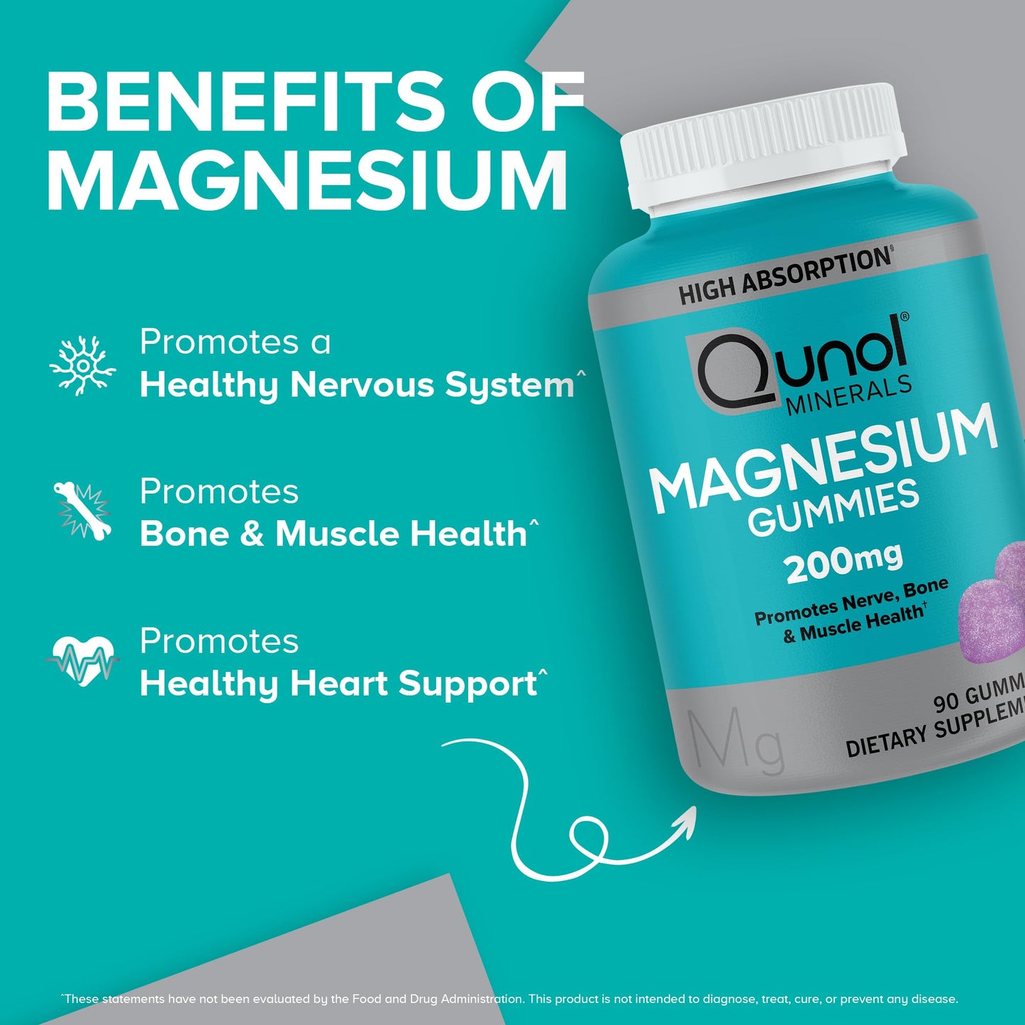 Qunol Magnesium Gummies for Adults, 200mg Elemental Magnesium (from 1,750mg Magnesium Citrate), 90 Count