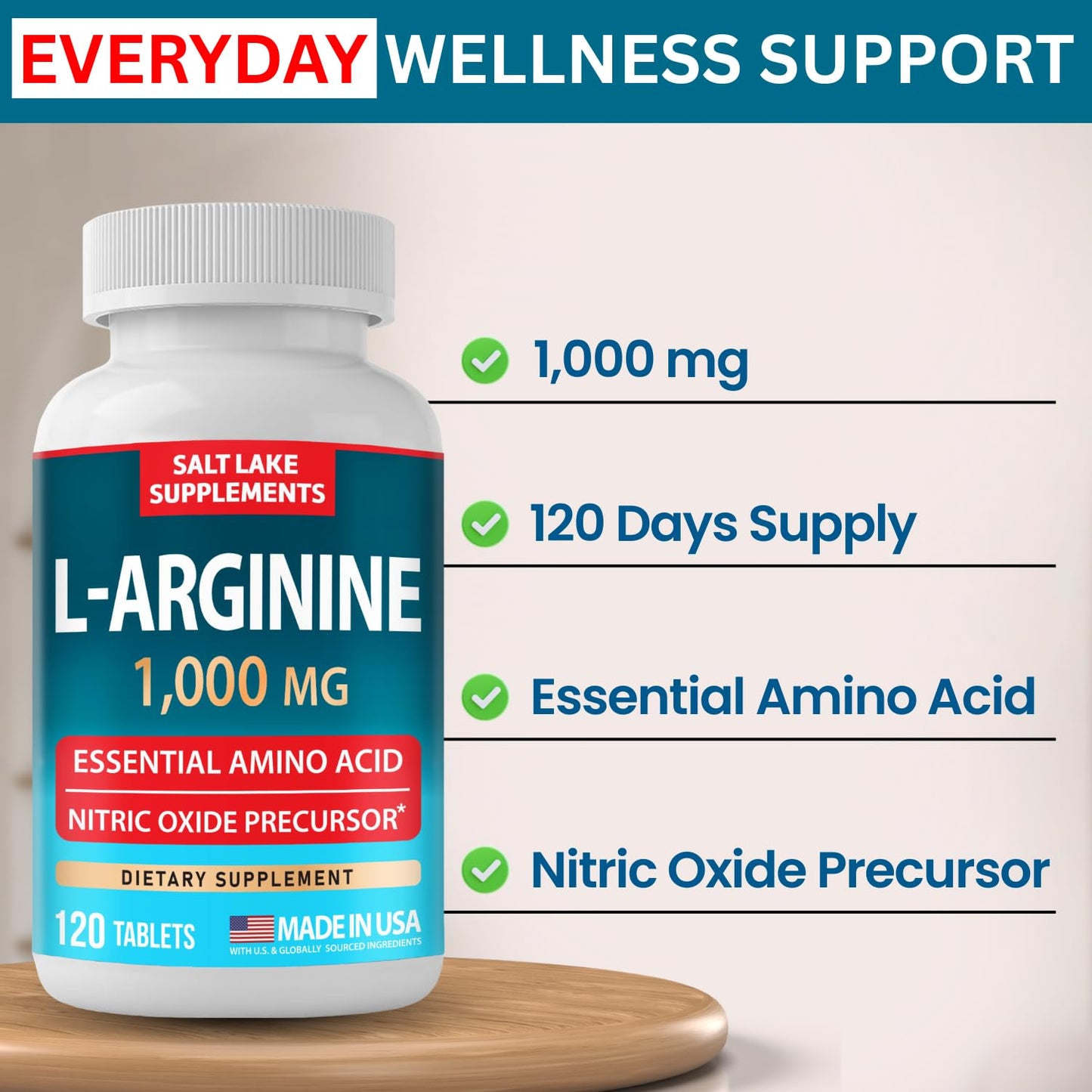 Salt Lake Supplements L Arginine 1000mg - Essential Amino Acid & Nitric Oxide Precursor Tablets, 120 Tablets