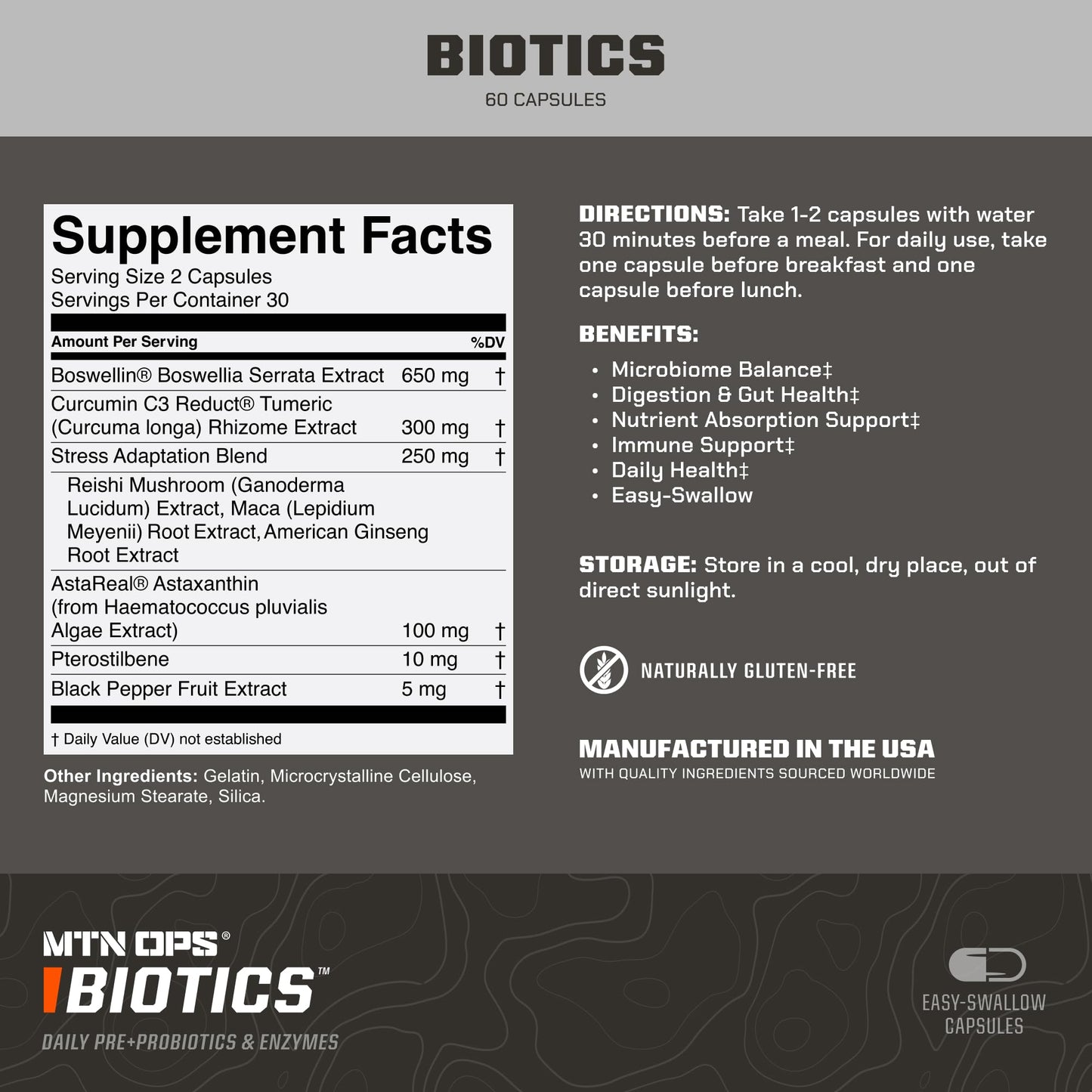 MTN OPS Biotics Daily Probiotic & Prebiotic for Gut Health, 30 Capsules