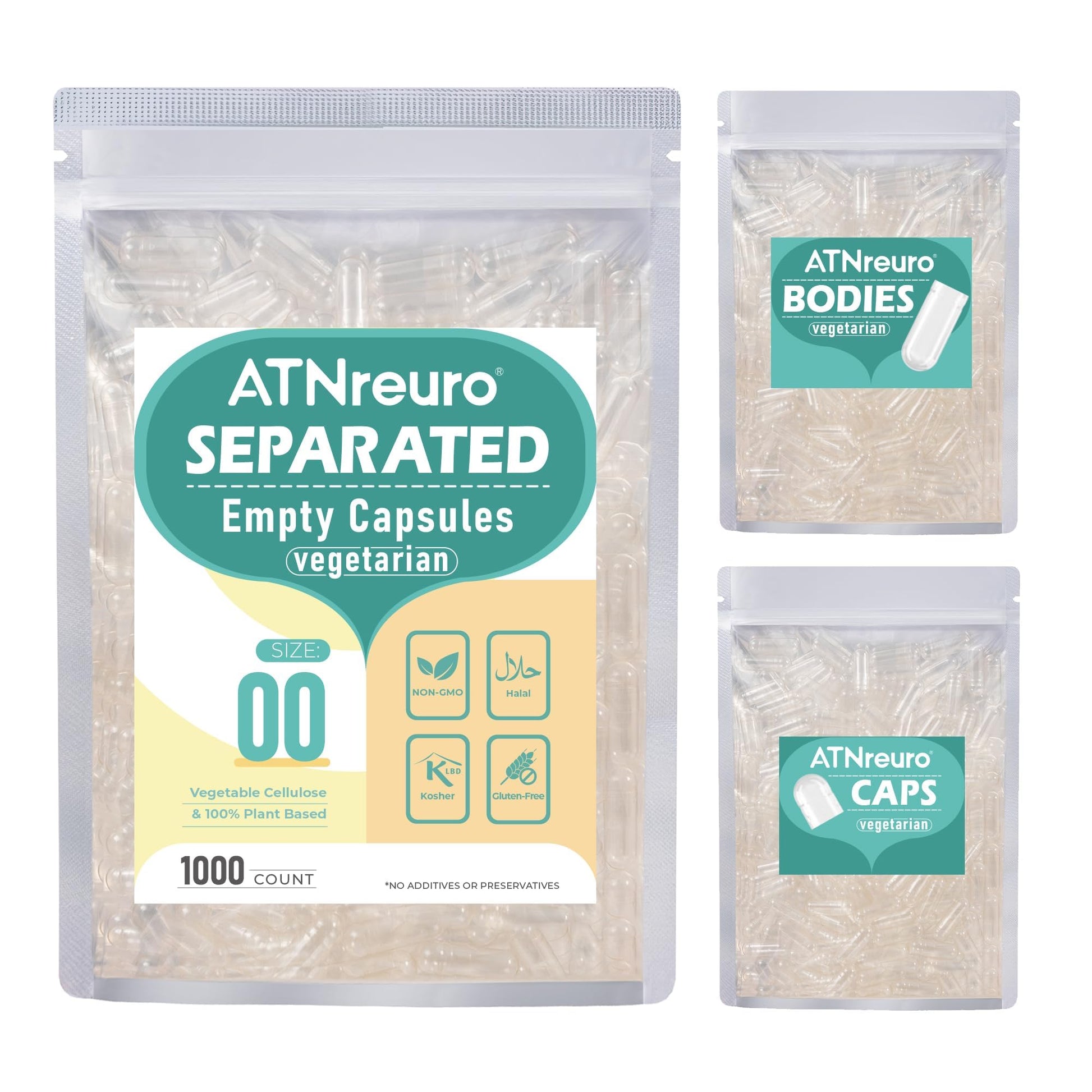 ATNreuro Vegan Separated Empty Capsules Size 00, 1000 Count Capsules