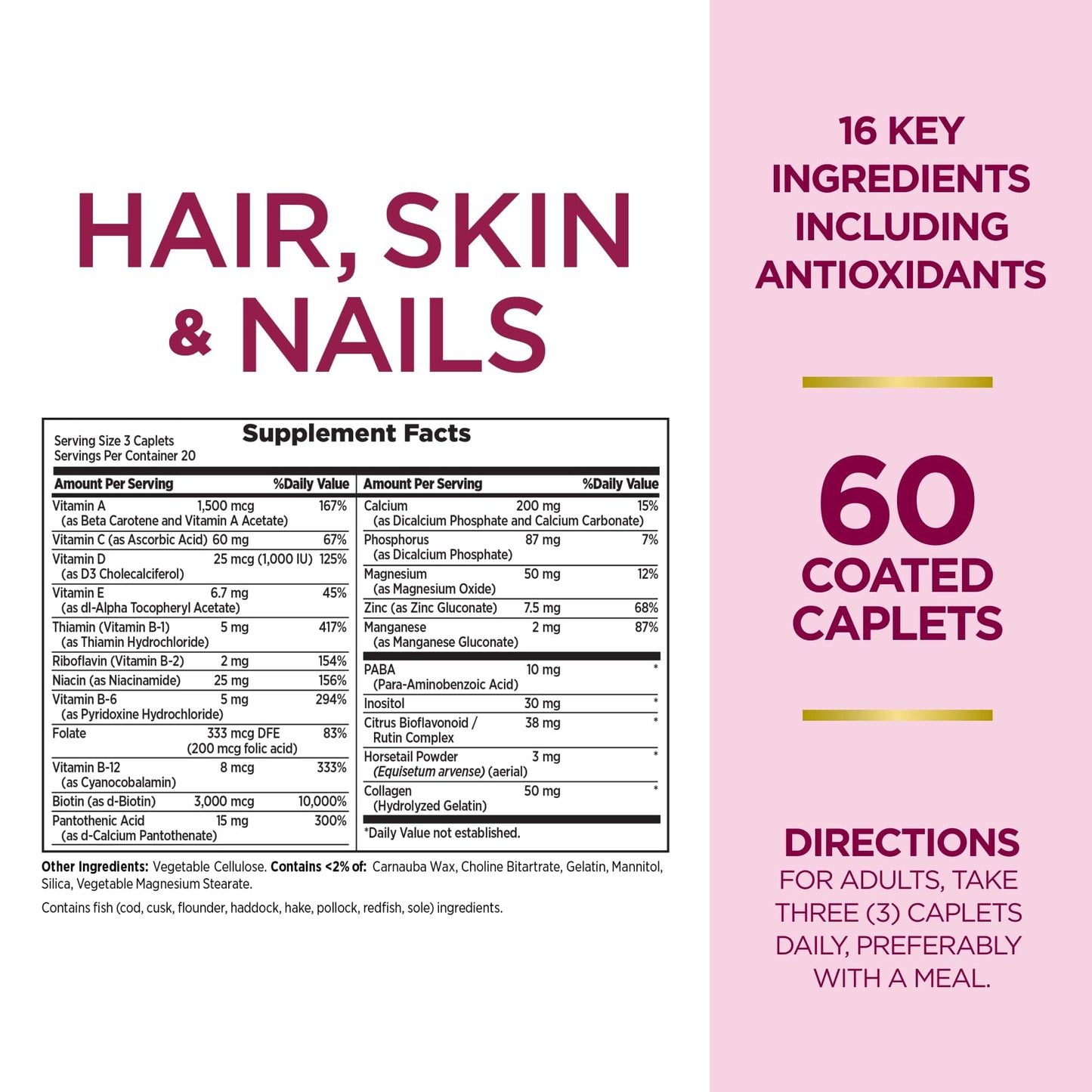 Nature's Bounty Optimal Solutions Hair, Skin & Nails Formula with 3,000 mcg Biotin Caplets, 120 Count
