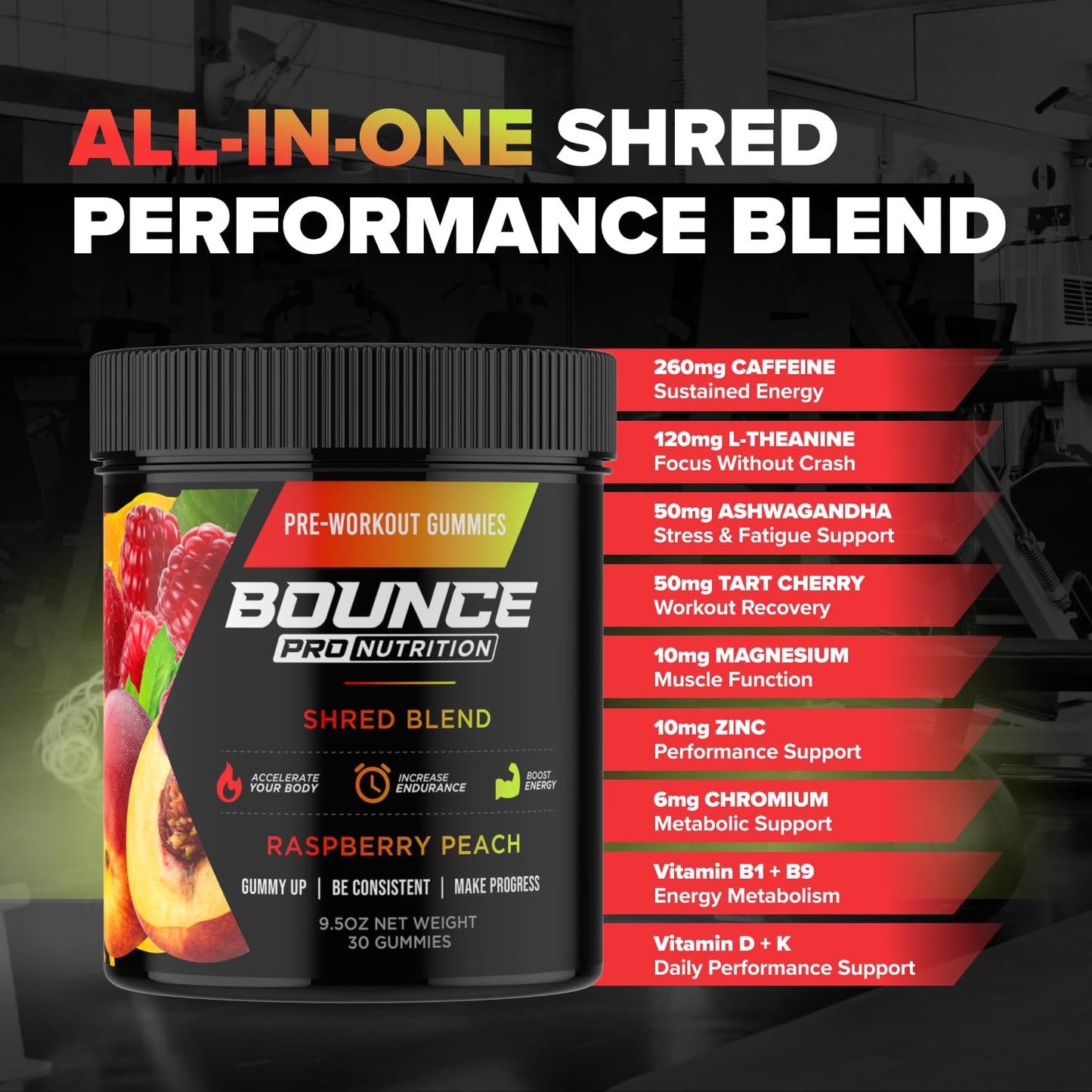 Bounce Pro Shred Blend Pre Workout Gummies, 30 Count