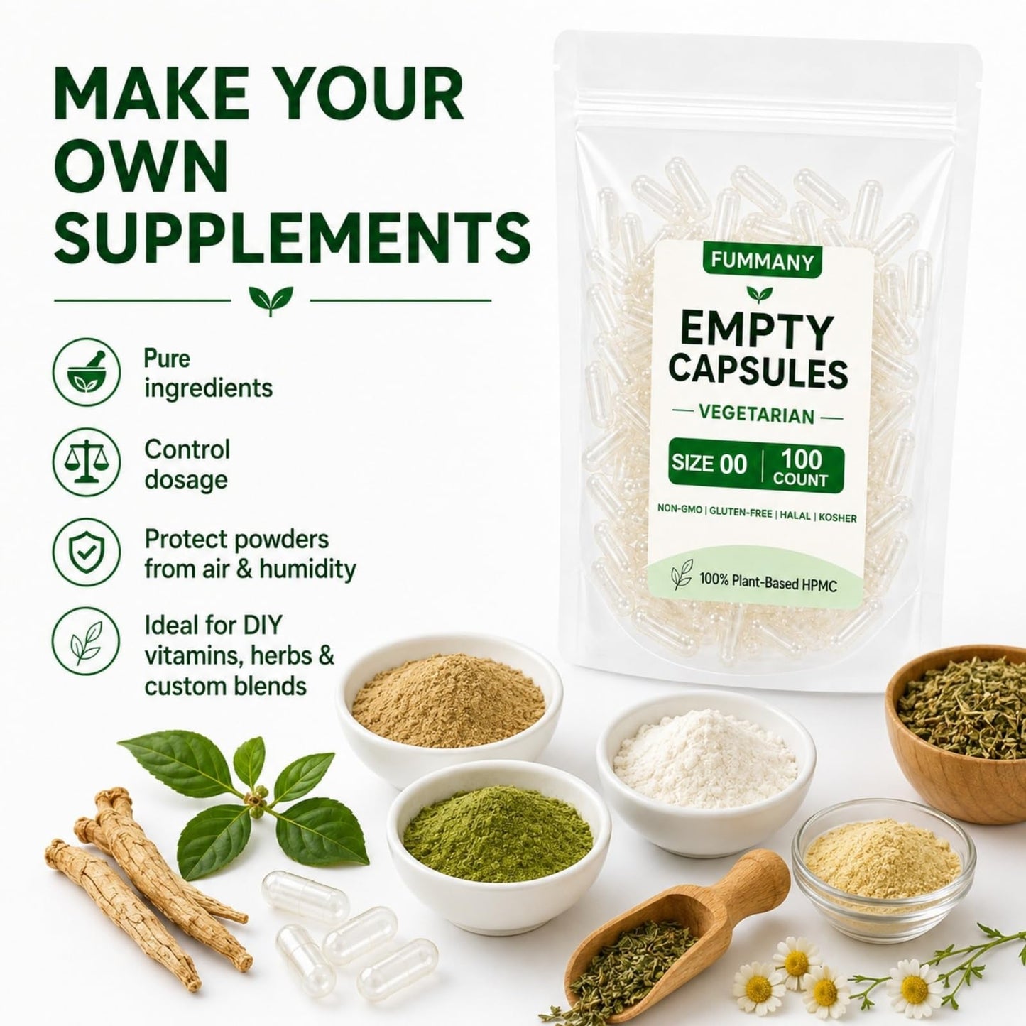 FUMMANY Size 00 Vegan Empty Pill Capsules, 100 Count