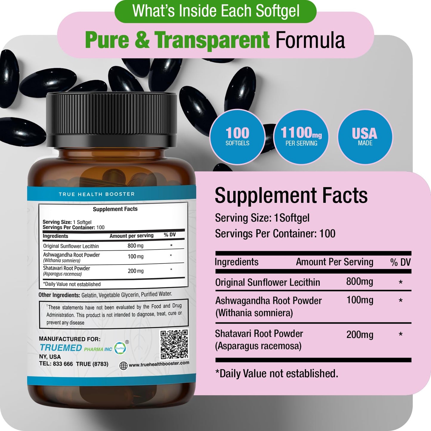 TRUEMED Sunflower Lecithin, Shatavari & Ashwagandha 1100 mg Softgels, 100