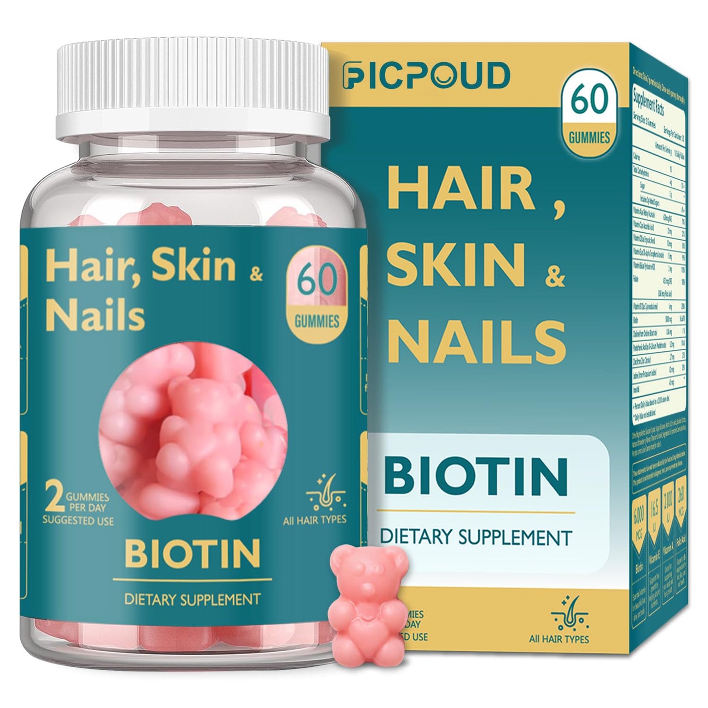 Ficpoud Hair Skin & Nails Biotin Gummies, 60 Count