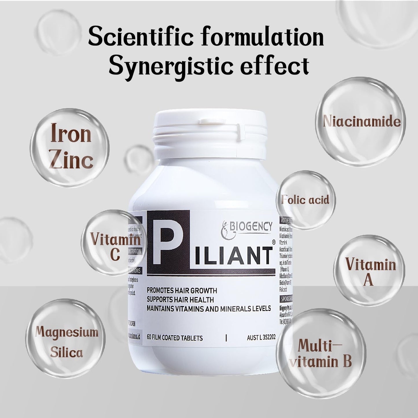 Biogency Piliant 3 Pack Hair Care Natural Supplement - NAD+ Vitamin Folic Acid Hair Niacinamide Complex Tablet, 180 Tablets