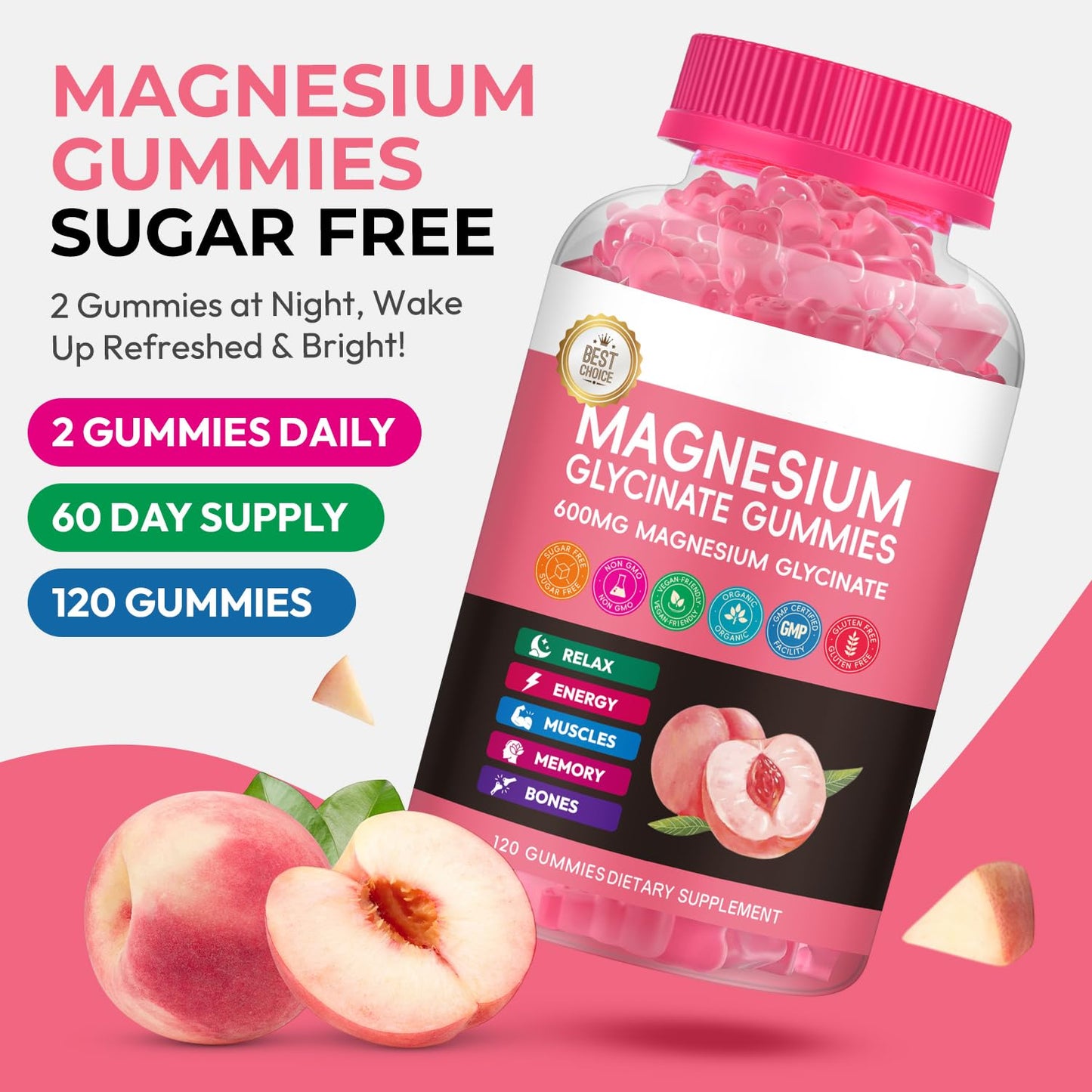 Xytora Magnesium Glycinate Gummies 600mg Advanced Magnesium Complex Peach, 120 Count