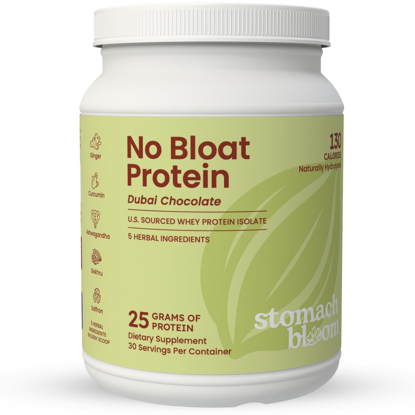 Stomach Bloom No Bloat Protein Powder for Digestive Health – 24g Grass Fed Whey Isolate with 5 Herbs – Natural Dubai Chocolate Flavor, 1 Count