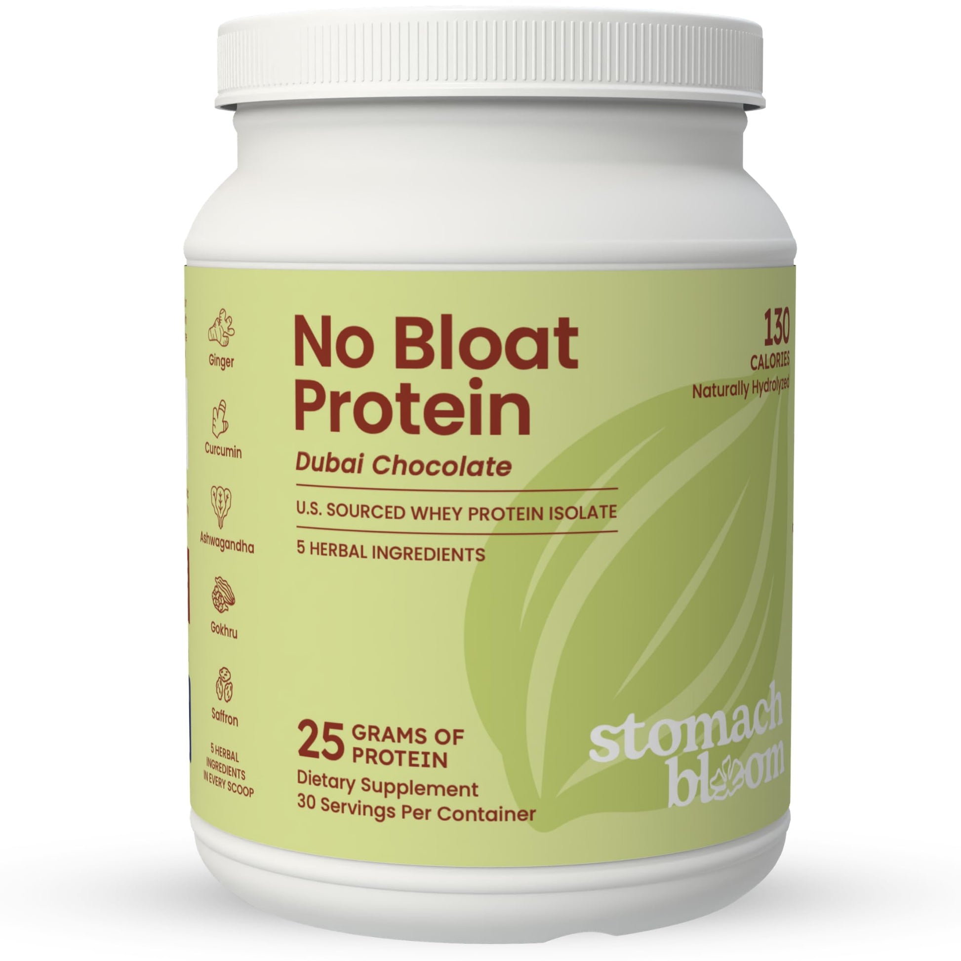 Stomach Bloom No Bloat Protein Powder for Digestive Health – 24g Grass Fed Whey Isolate with 5 Herbs – Natural Dubai Chocolate Flavor, 1 Count