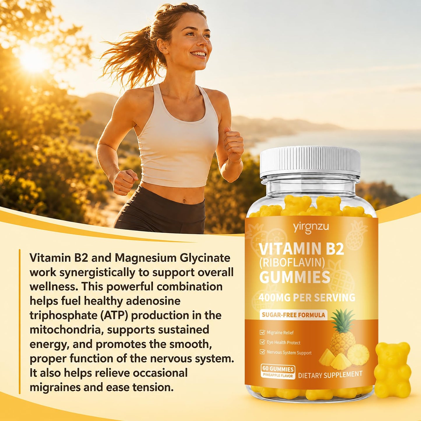 yirgnzu Vitamin B2 Gummies Riboflavin 400mg Supplement with Magnesium, Vegan, 60 Gummies