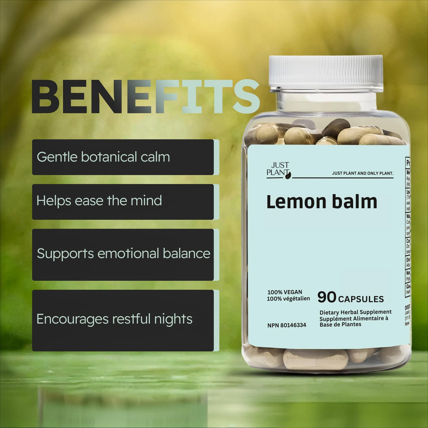 Just Plant Lemon Balm 750 mg Capsule, 90 Count