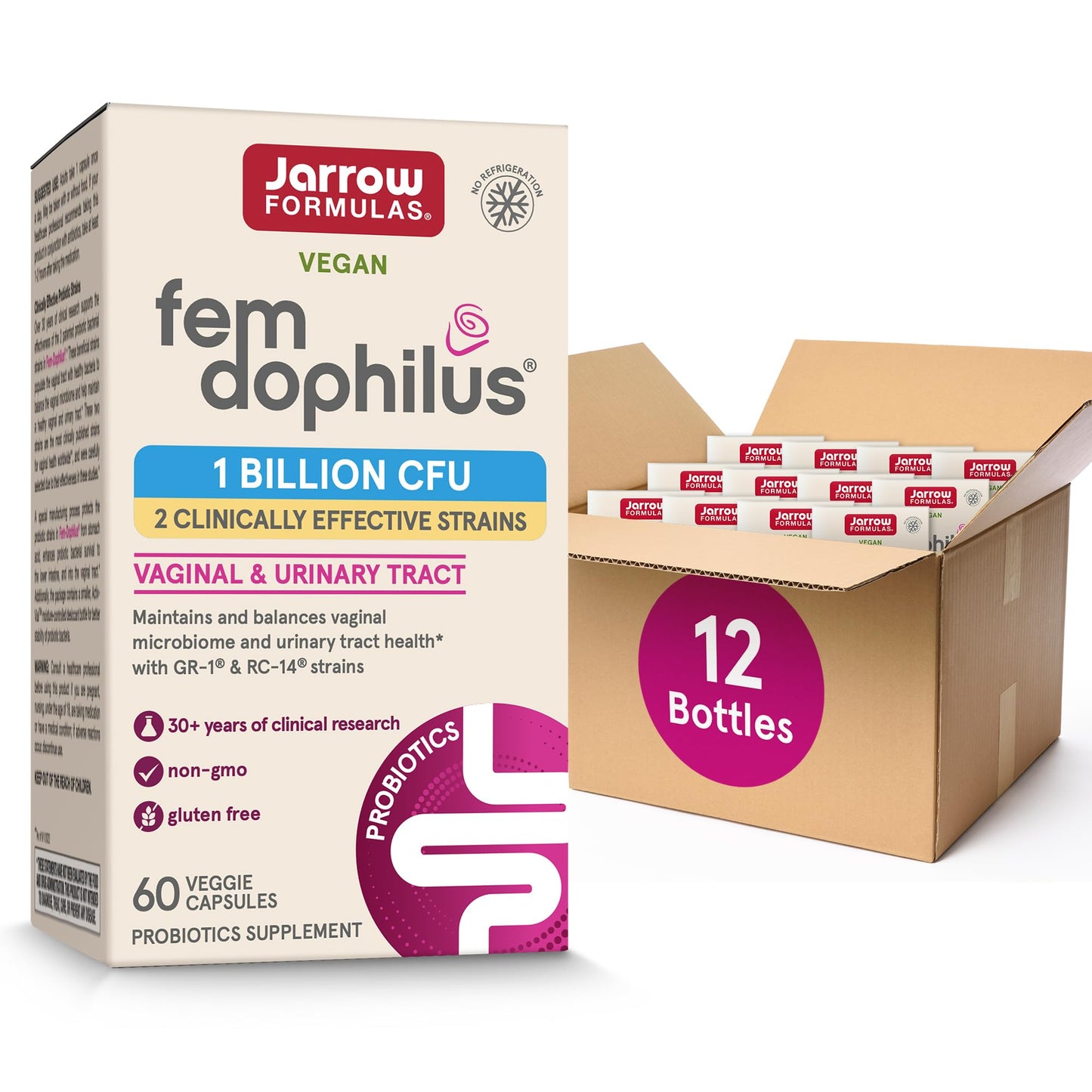 Jarrow Formulas Fem-Dophilus Probiotics 1 Billion CFU with 2 Science-Backed Strains for Vaginal and Urinary Tract Support, 720 Capsules