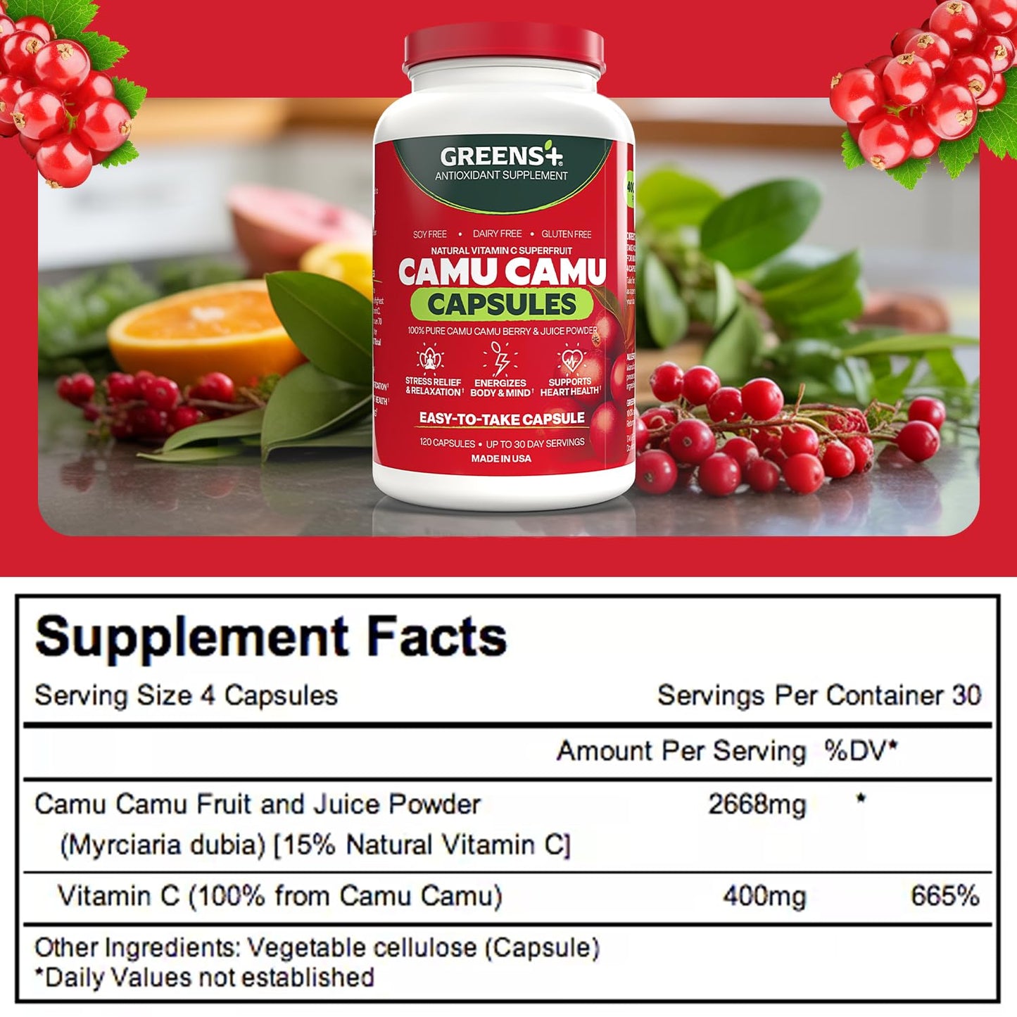 Greens+ SuperFruit Supplement with Camu Berry, Vitamins & Minerals, High ORAC Antioxidants, 400mg Natural Vitamin C, 120 Capsules