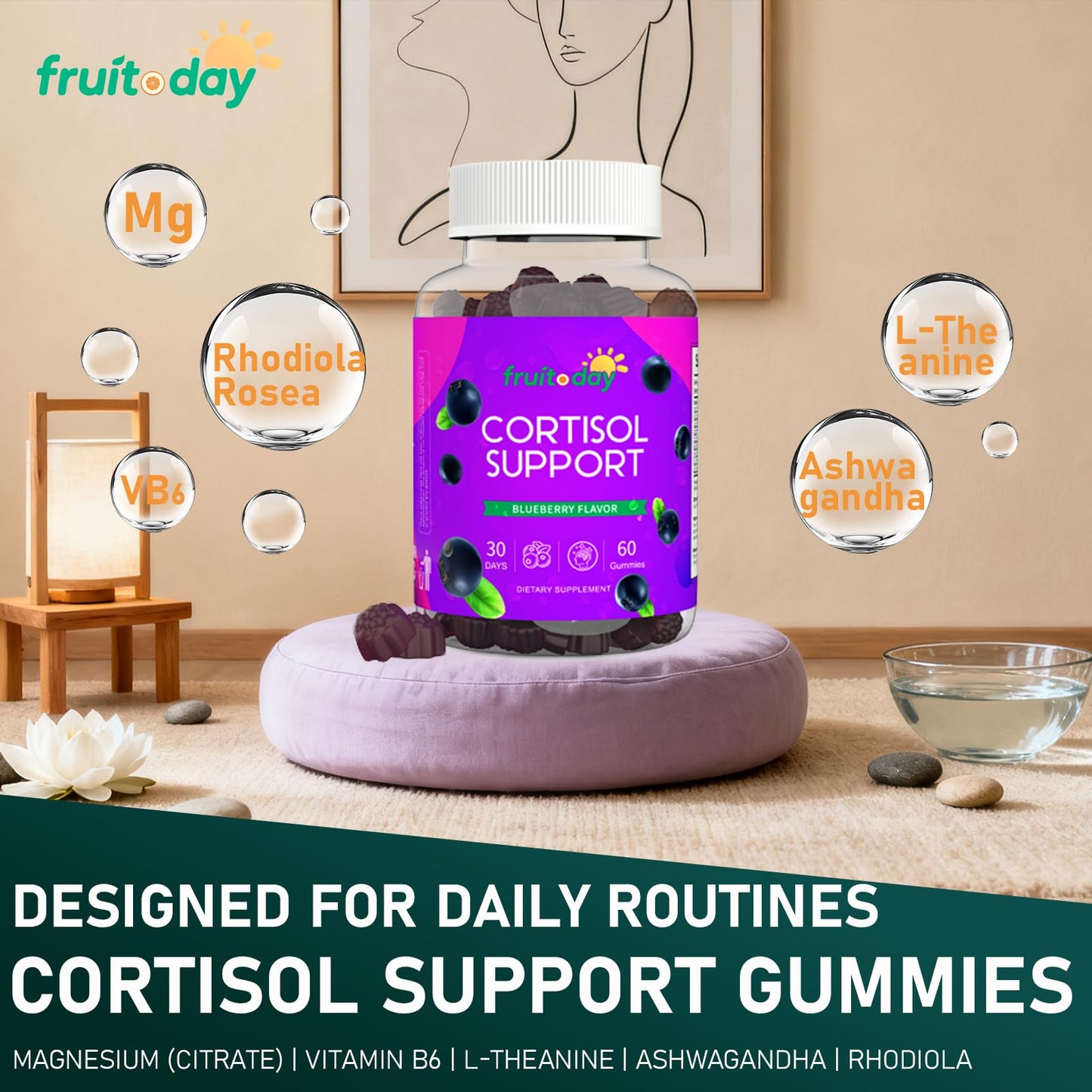 Fruitoday Cortisol Support Gummies with Ashwagandha & L-Theanine – 5-Ingredient Daily Formula, Blueberry Flavor, 1 Count
