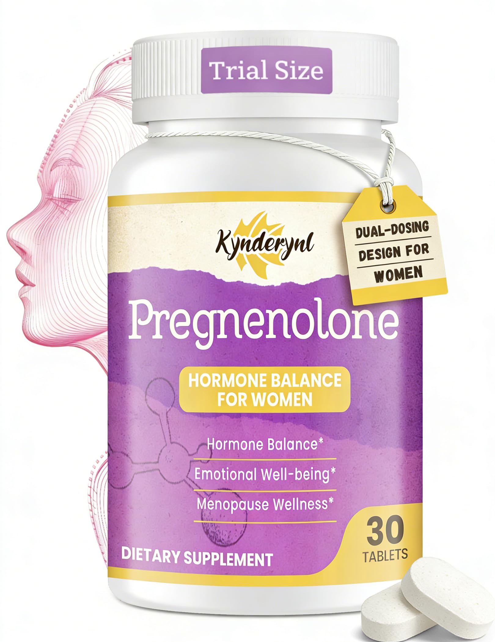 Kynderynl Pregnenolone with Ashwagandha for Women, Dual-Dose 50 mg or 100 mg (1 or 2 Tablets per Dose), 8-in-1 Formula with DHEA and Black Cohosh, Vegan, Gluten Free, 30 Chewable Tablets