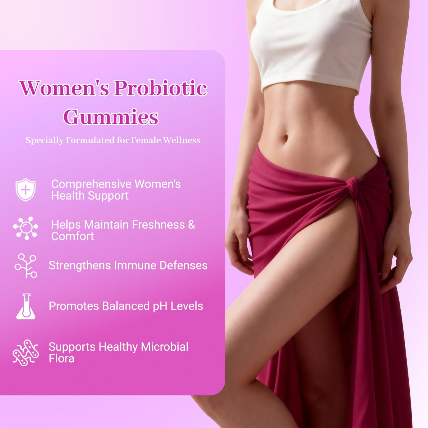 Le Tian Xian Her Juicy Feminine Probiotics Gummies for Women with Slippery Elm, Prebiotics & Lactobacillus – pH Balance & Digestive Health, Tropical Pineapple Flavor, 60 Count