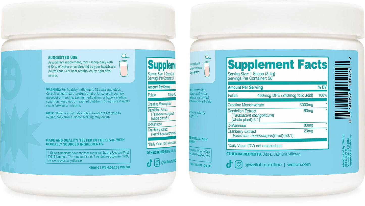 Wellah Creatine for Women Creatine Monohydrate with Dandelion & Cranberry Extract, Powder, 6.1