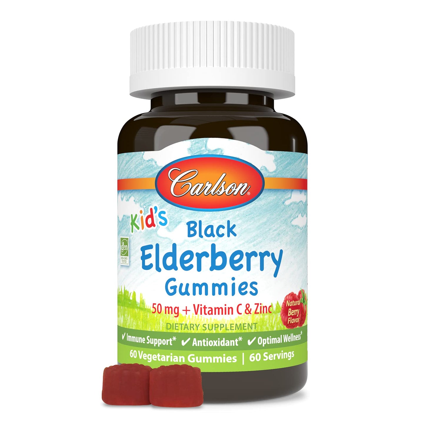 Carlson Kid's Black Elderberry Gummies with Vitamin C & Zinc, Immune Support, 60 Gummies